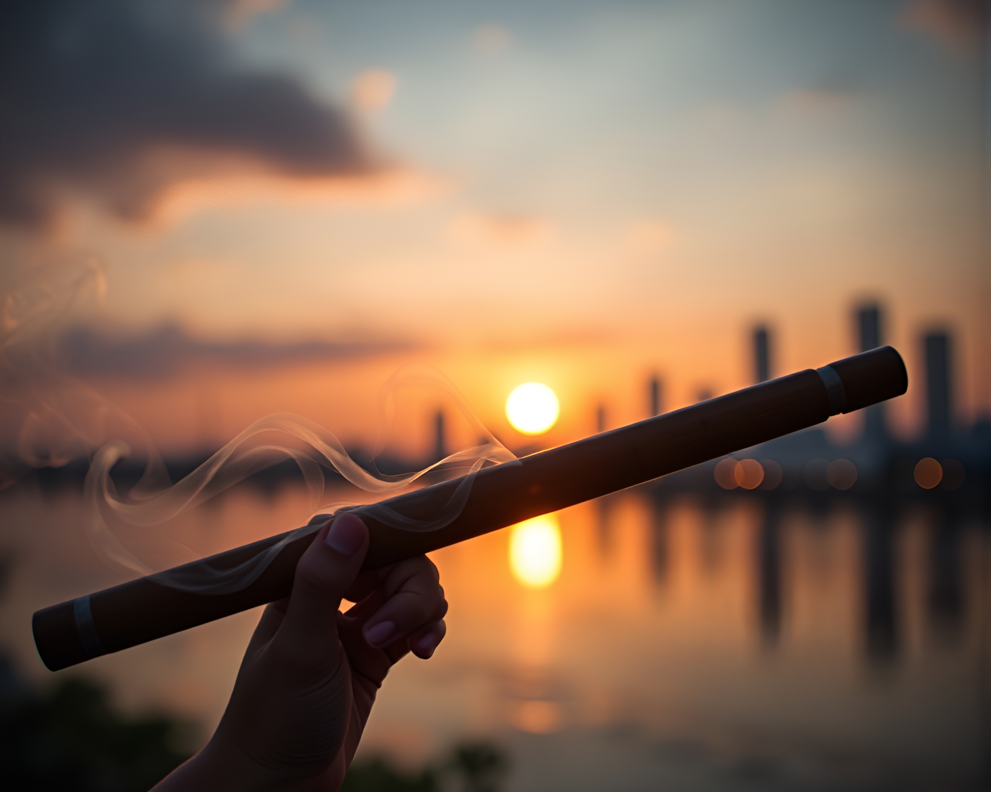 Bamboo Flute Serenade at Sunset Skyline – free AI stock image