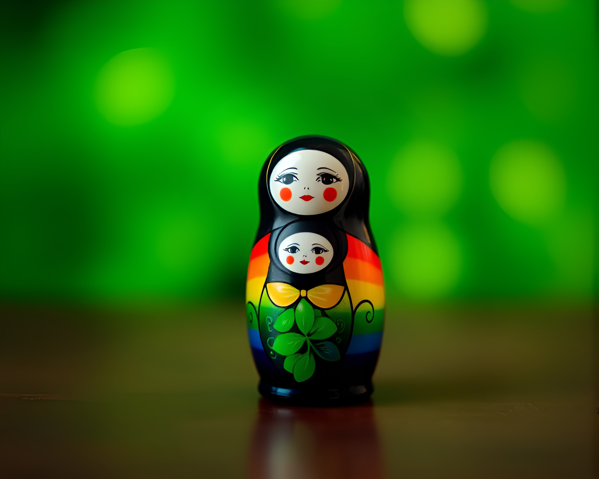 Oil Slick Rainbow Matryoshka Doll Tenebrism Forest-Green Art – free AI stock image