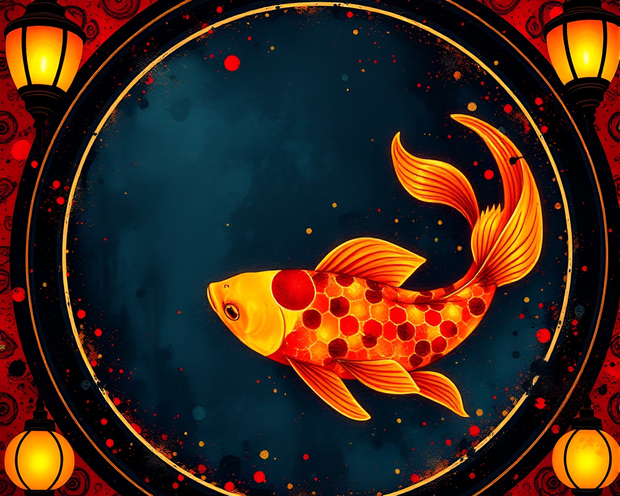 Koi Fish Streetlamp Splatter Art Composition – free AI stock image