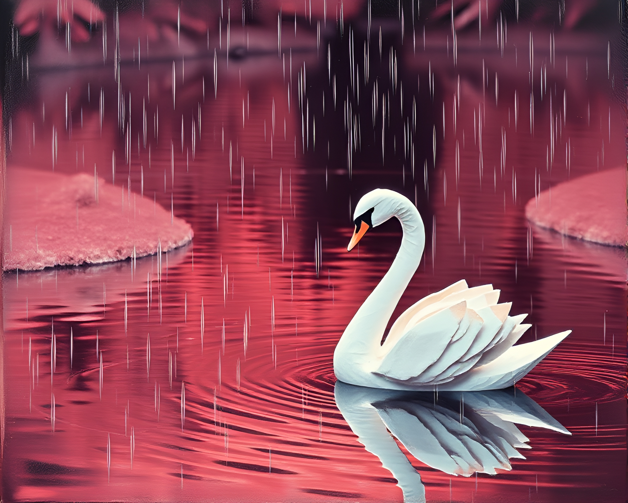 Impasto Origami: Swan Reflections in Infrared Rain – free AI stock image