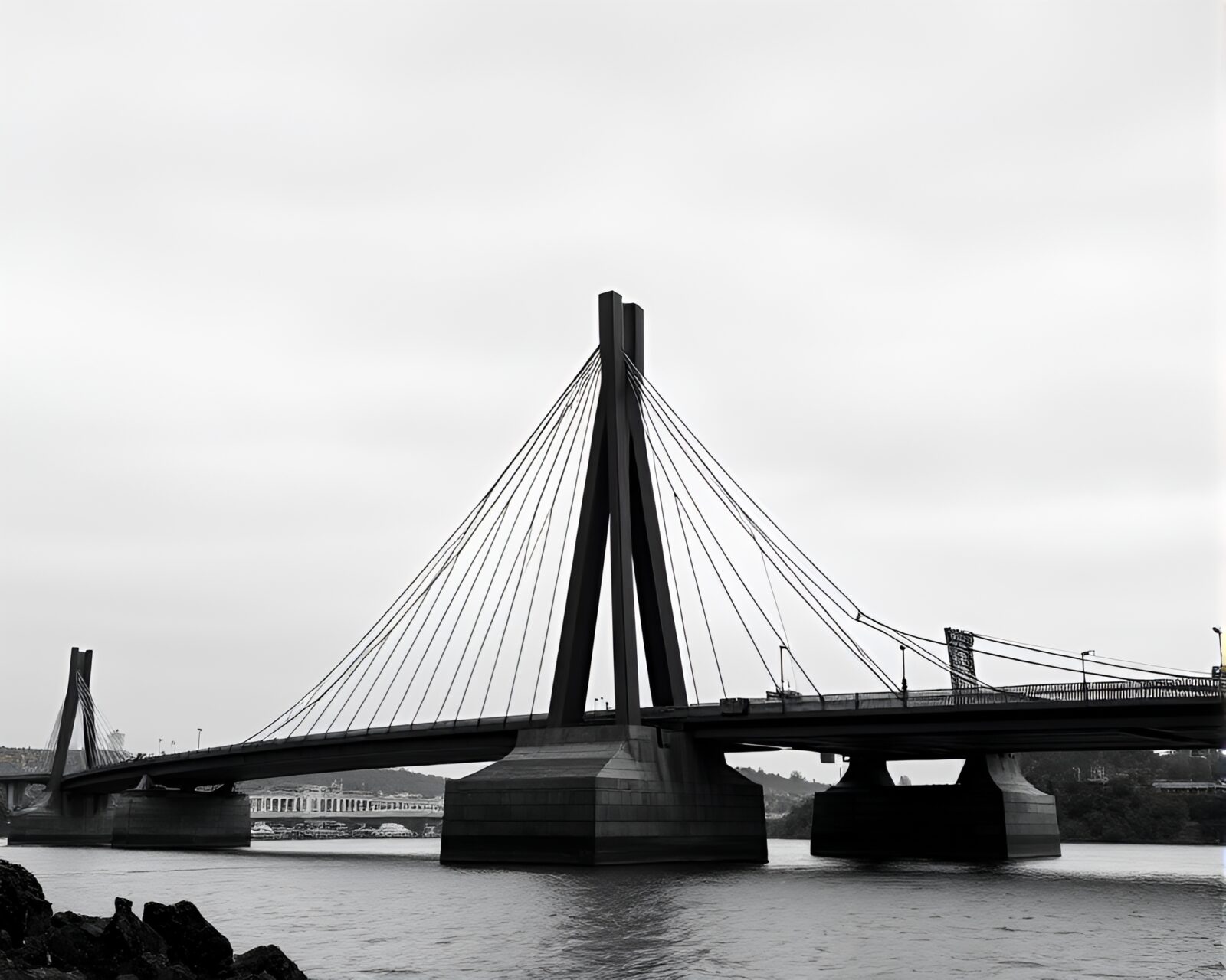 Tilted angle view of a dark bridge structure