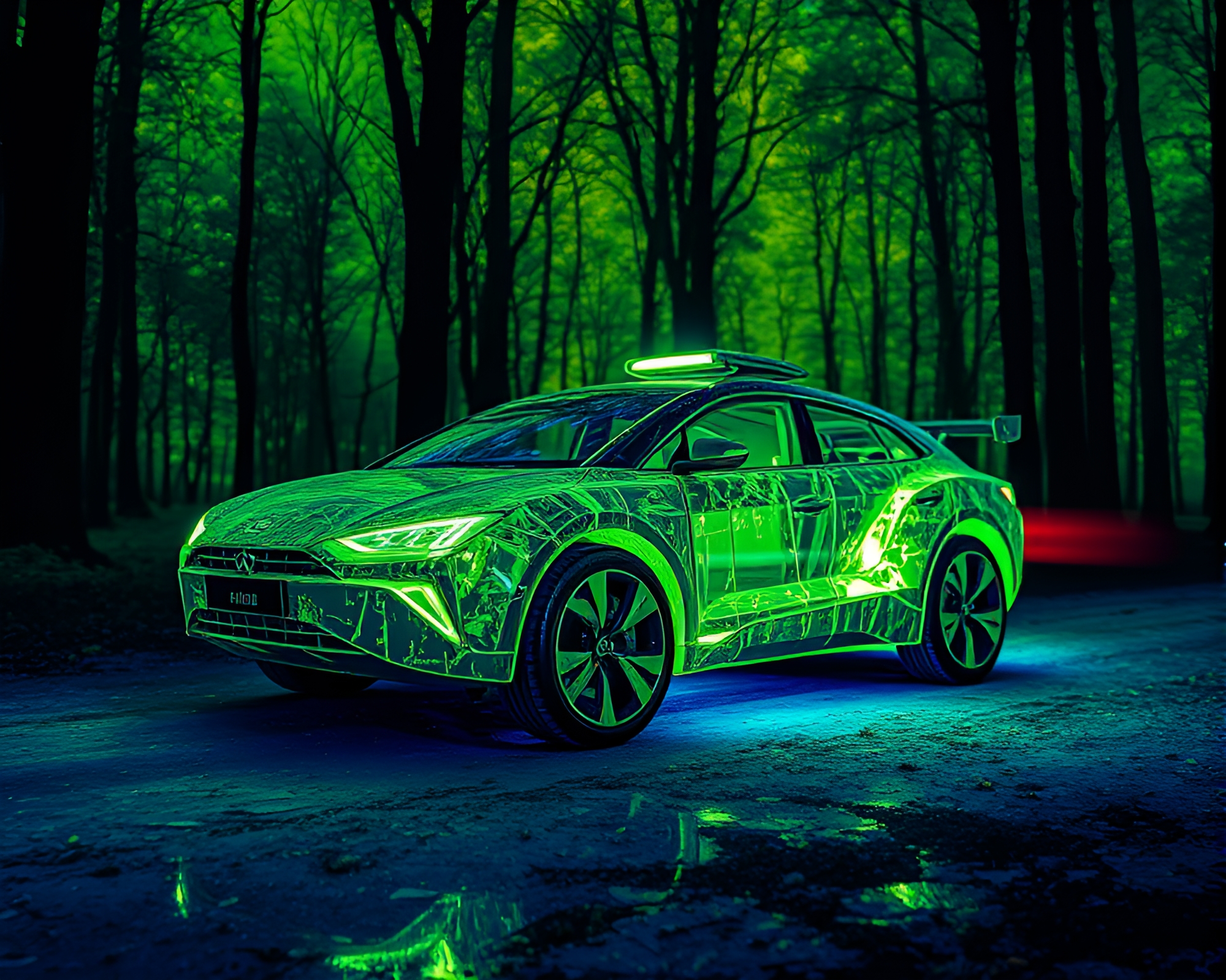 Enchanted Forest Hover Car Among Glass Shards – free AI stock image