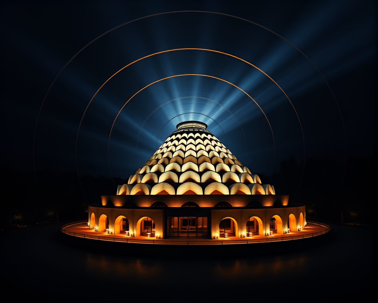 Concentric circles radiating from detailed anatomical pyramid