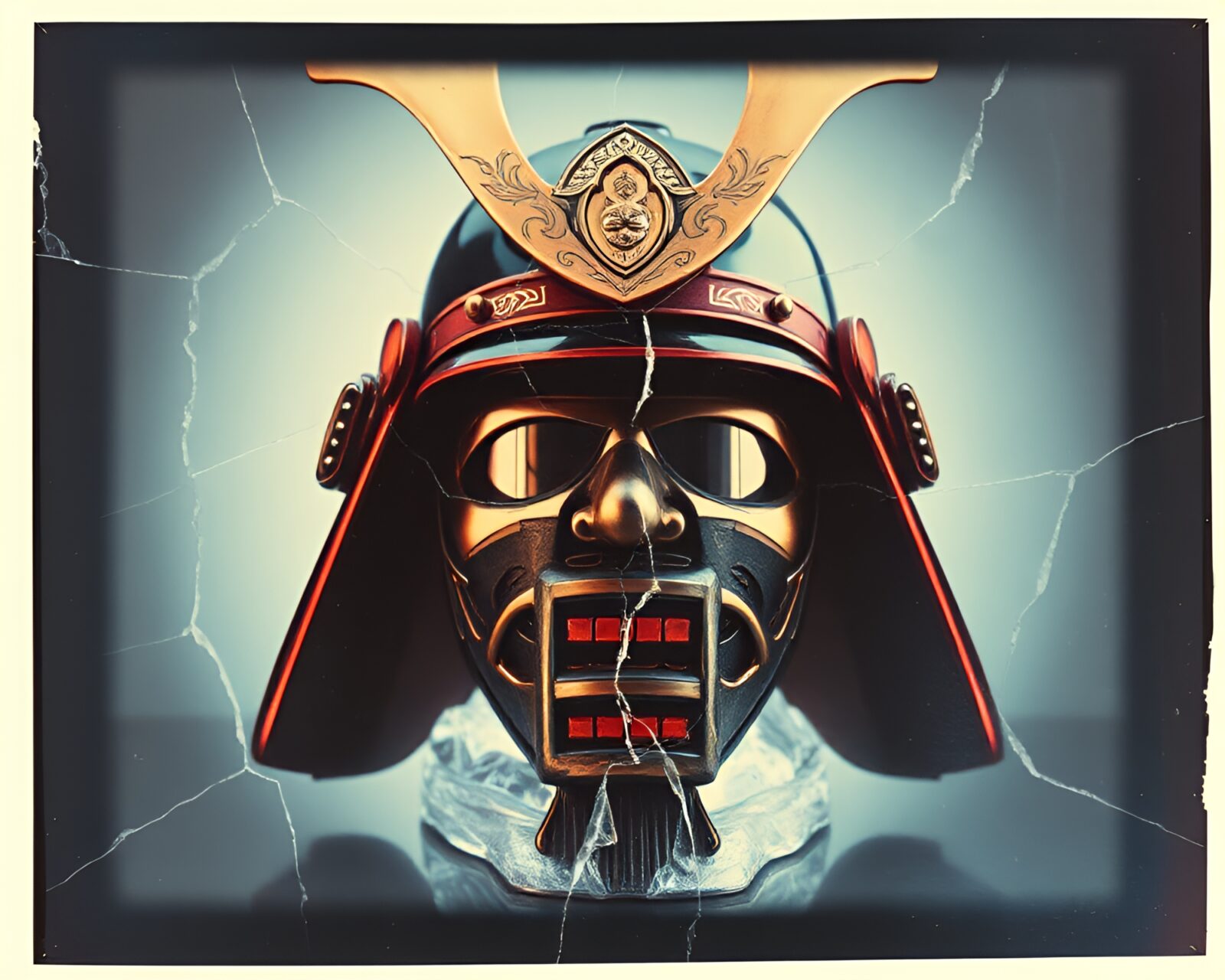 Vintage polaroid style image of samurai helmet reflecting on cracked ice