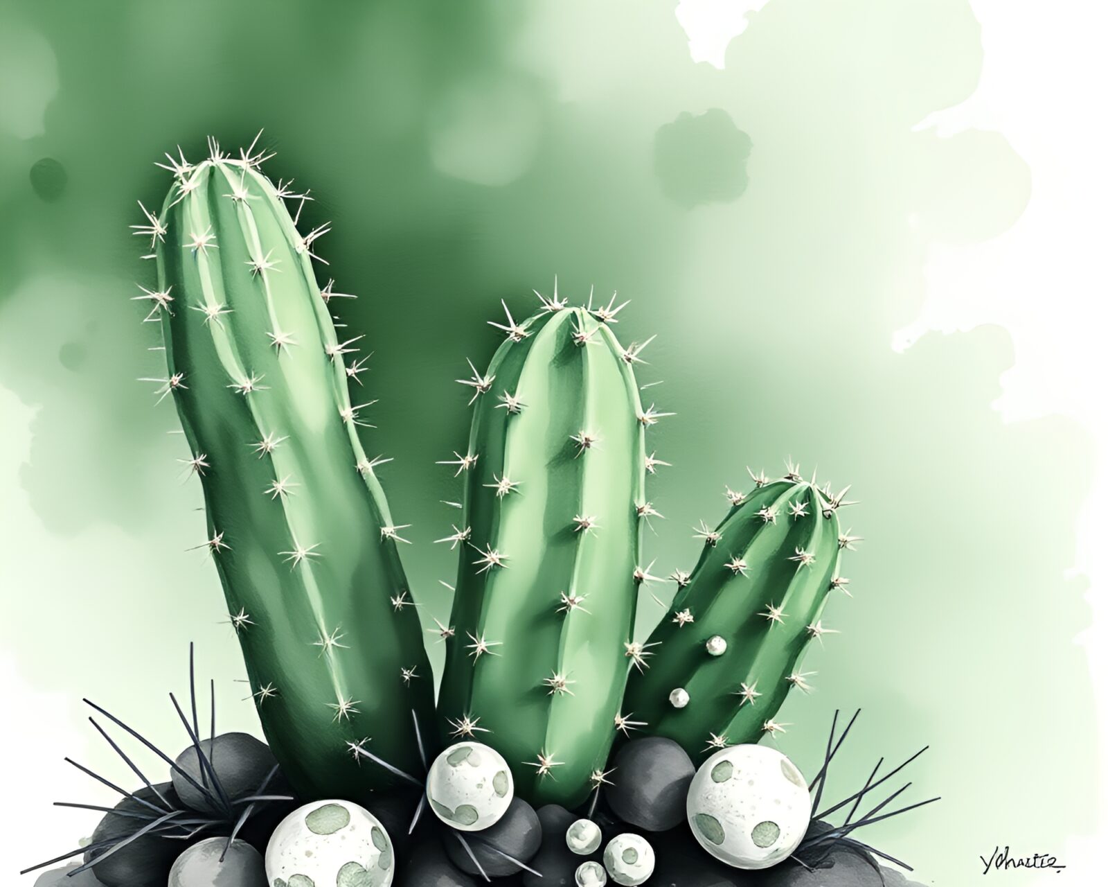 Watercolor art of cactus in a green-hued desert