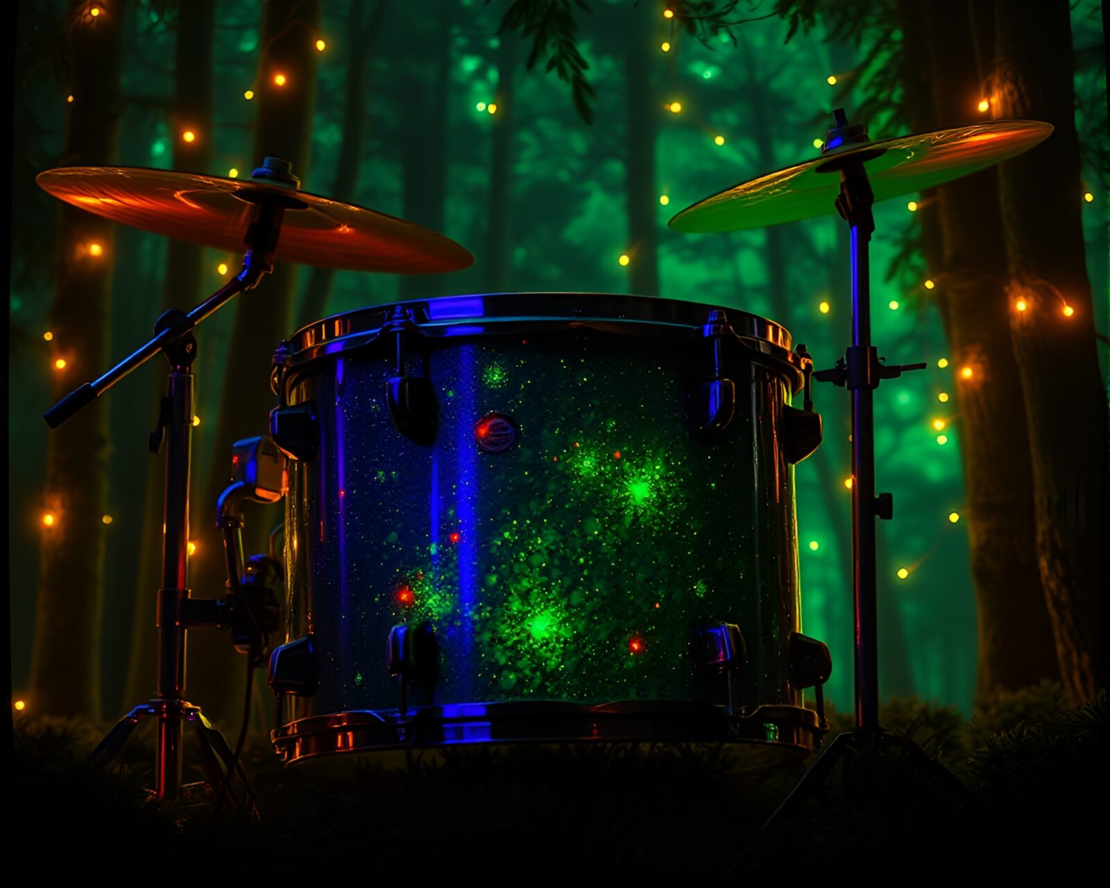 Thermal drum in green forest with golden accents