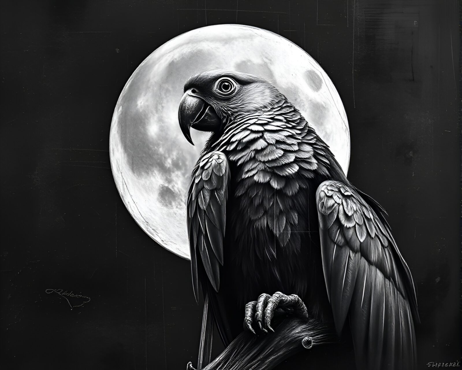 Surreal image of metallic scratched tropical parrot in lunar grayscale