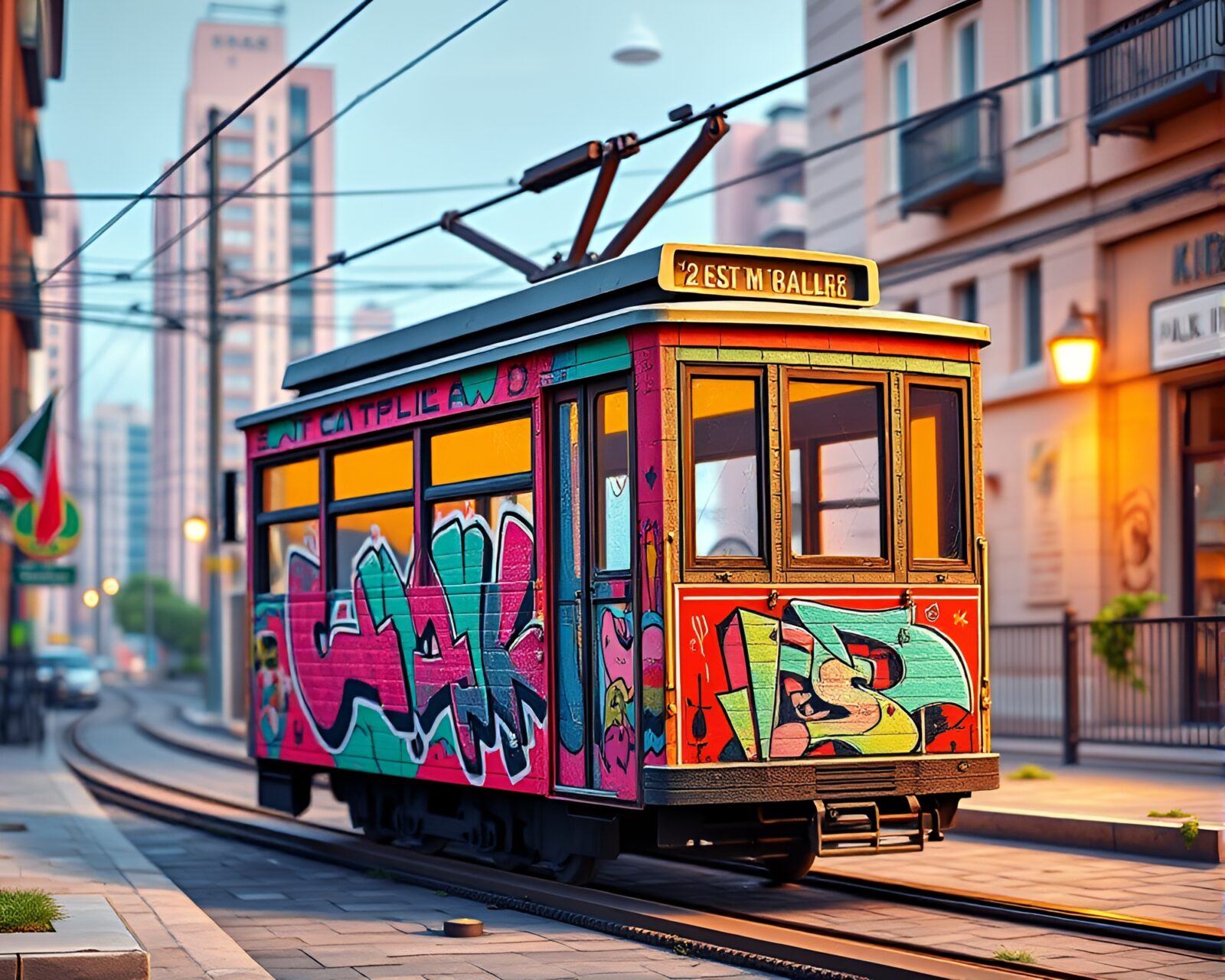 Voxel art cable car mural in soft pastel colors