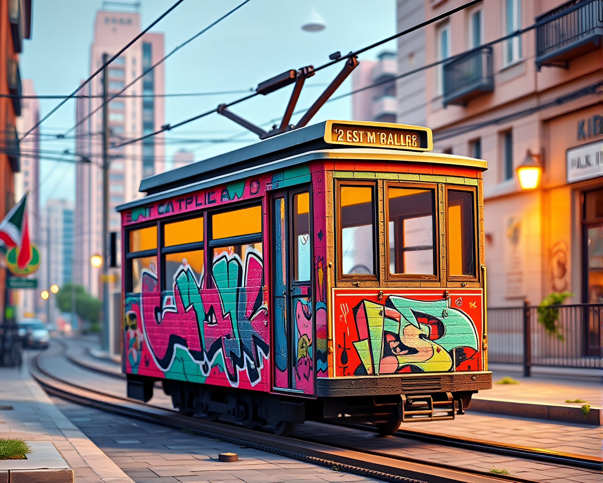 Voxel Cable Car Graffiti Wall Mural – free AI stock image
