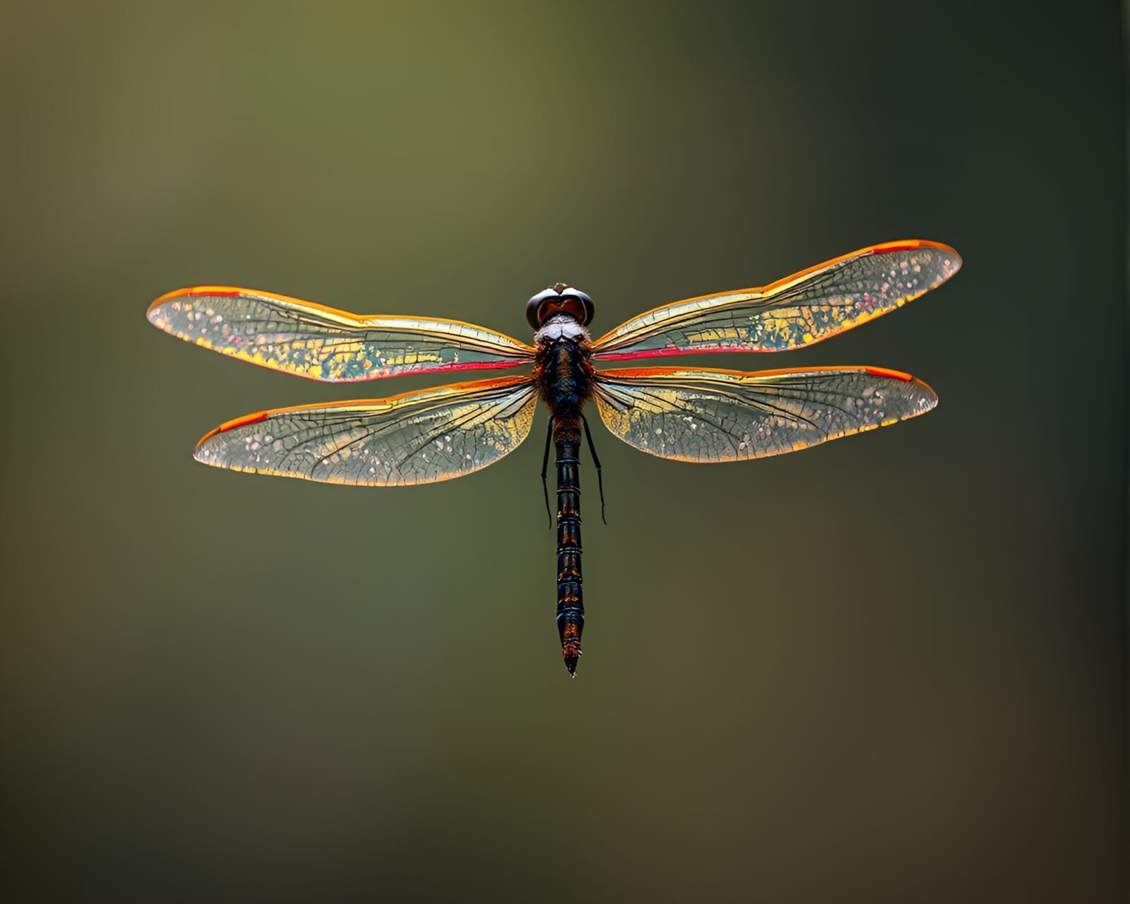 Shiny dragonfly frozen in midair with metallic sheen