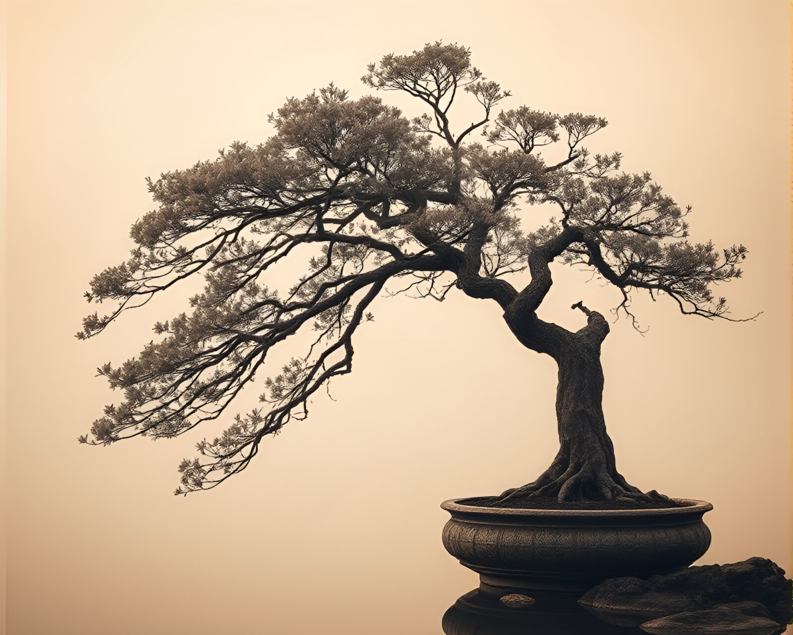 A mesmerizing image of a bonsai tree reflecting in mist