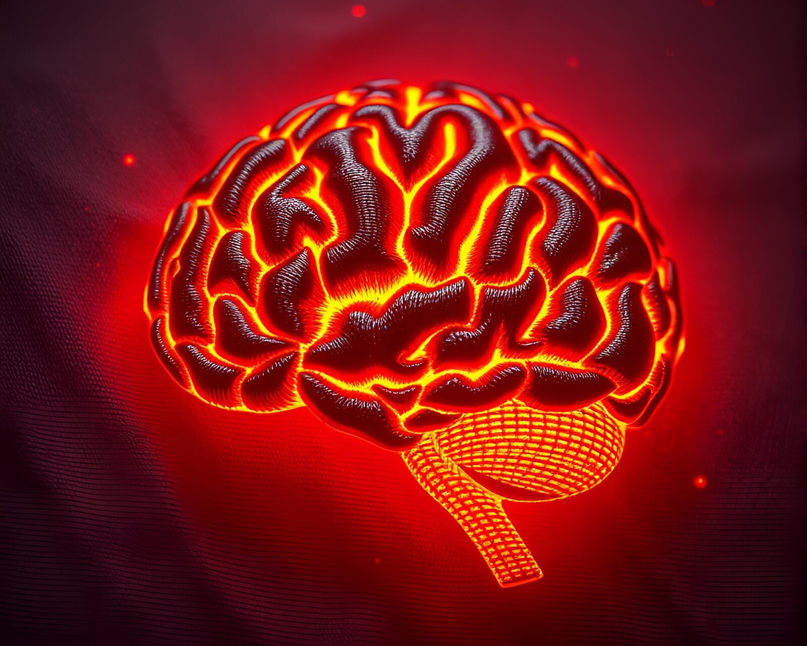 A detailed embroidered depiction of an AI brain glowing in infrared colors