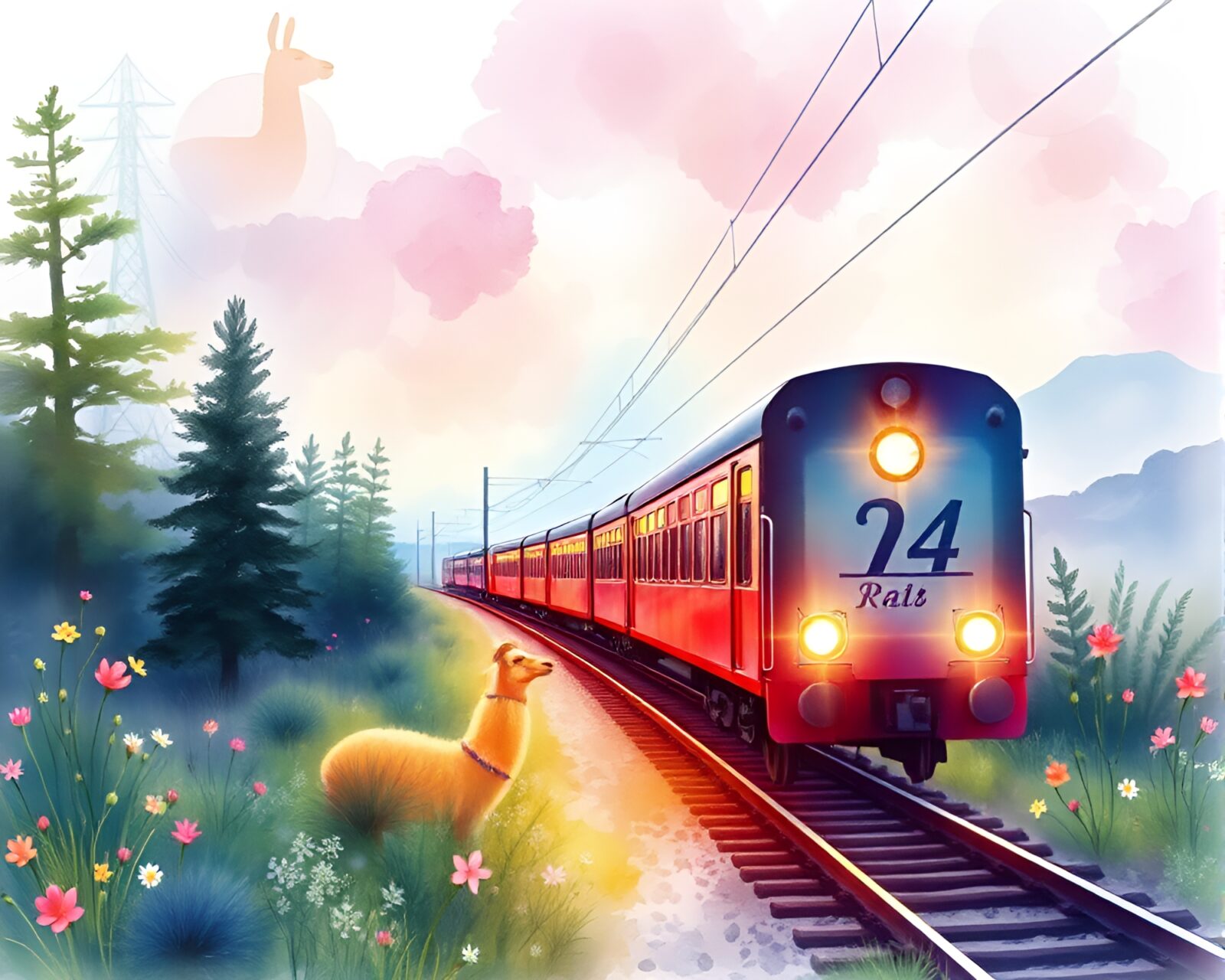 Wildlife watercolor painting of llama with digital bloom