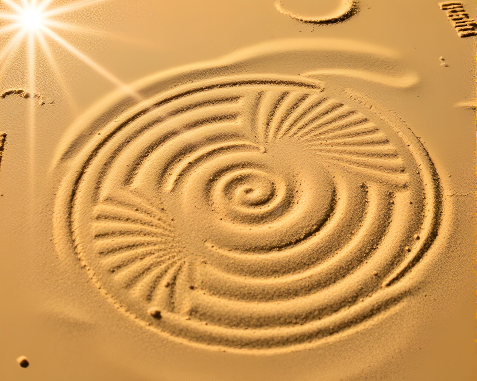 Intricate etched design of a samurai sword on sandy beach