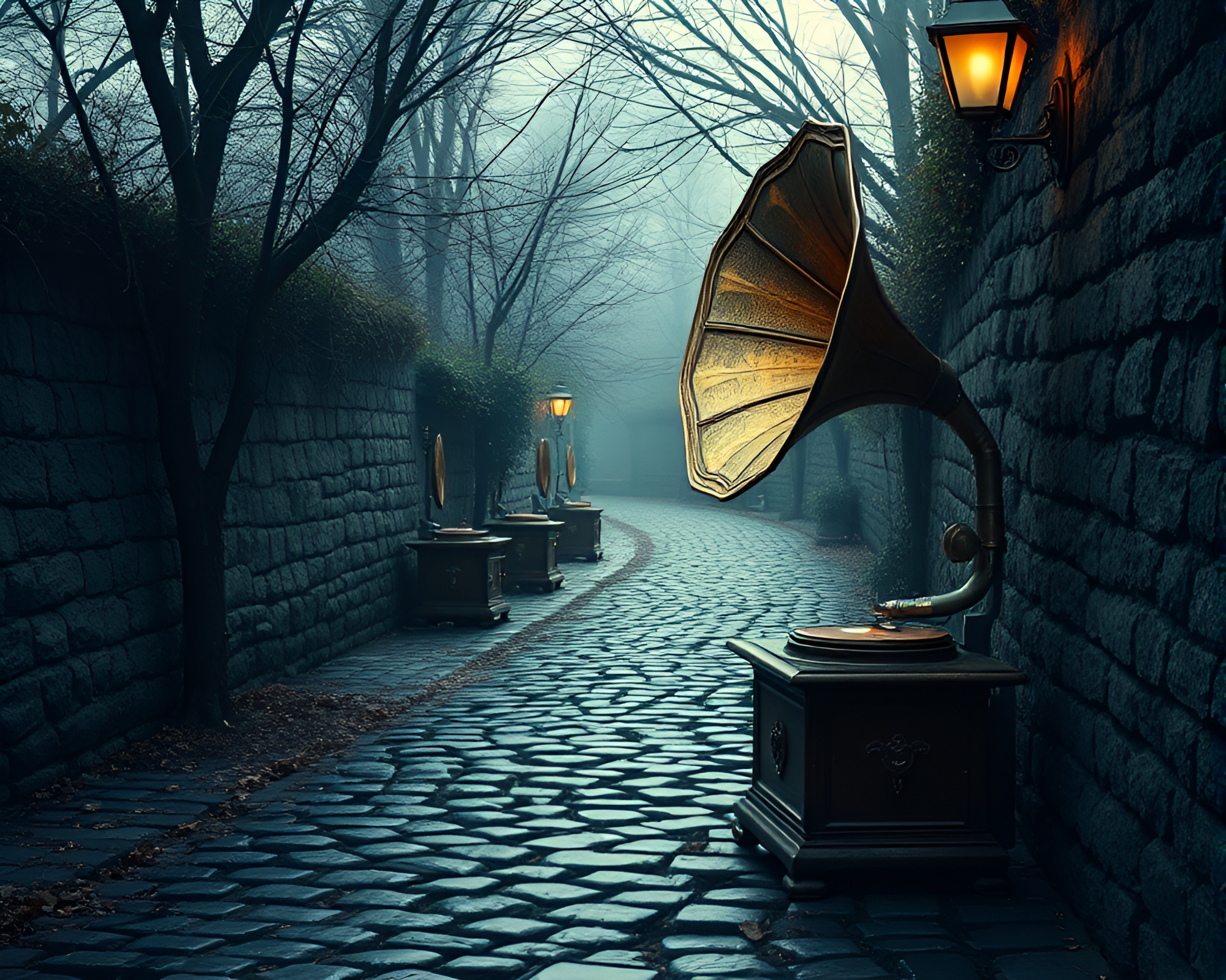 Steampunk Gramophone on Cobblestone Path – free AI stock image