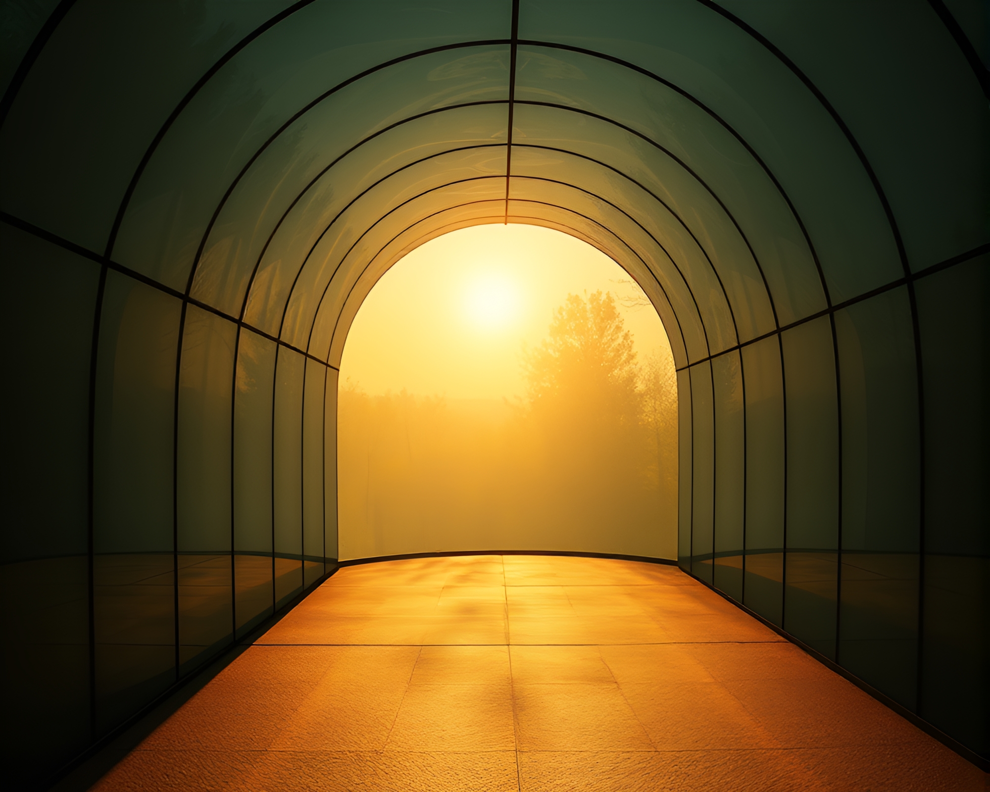 Golden hour shadows in glass tunnel – free AI stock image