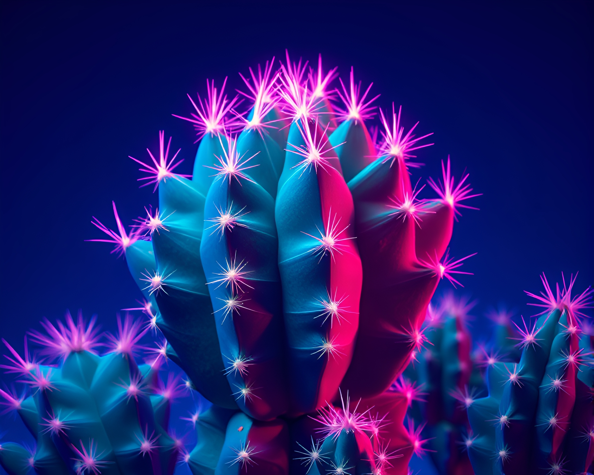 Neon Cactus Oasis in Sapphire Duochrome Pixelation – free AI stock image