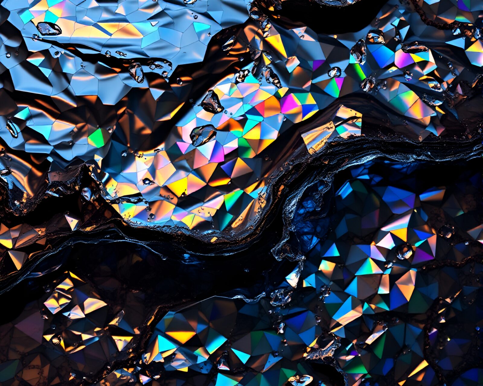 A mystical river glowing with iridescent lights and mosaic pattern