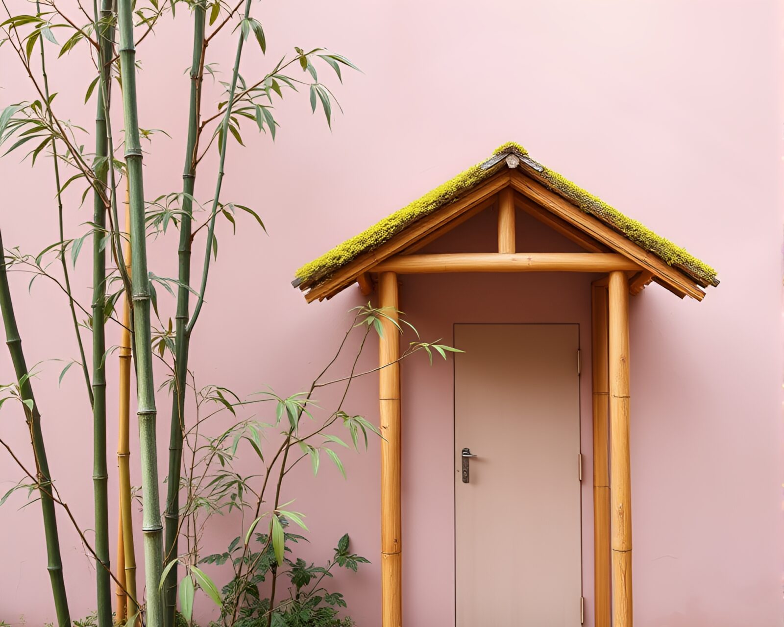 Minimalist design bamboo hut adorned with blush pink lichen