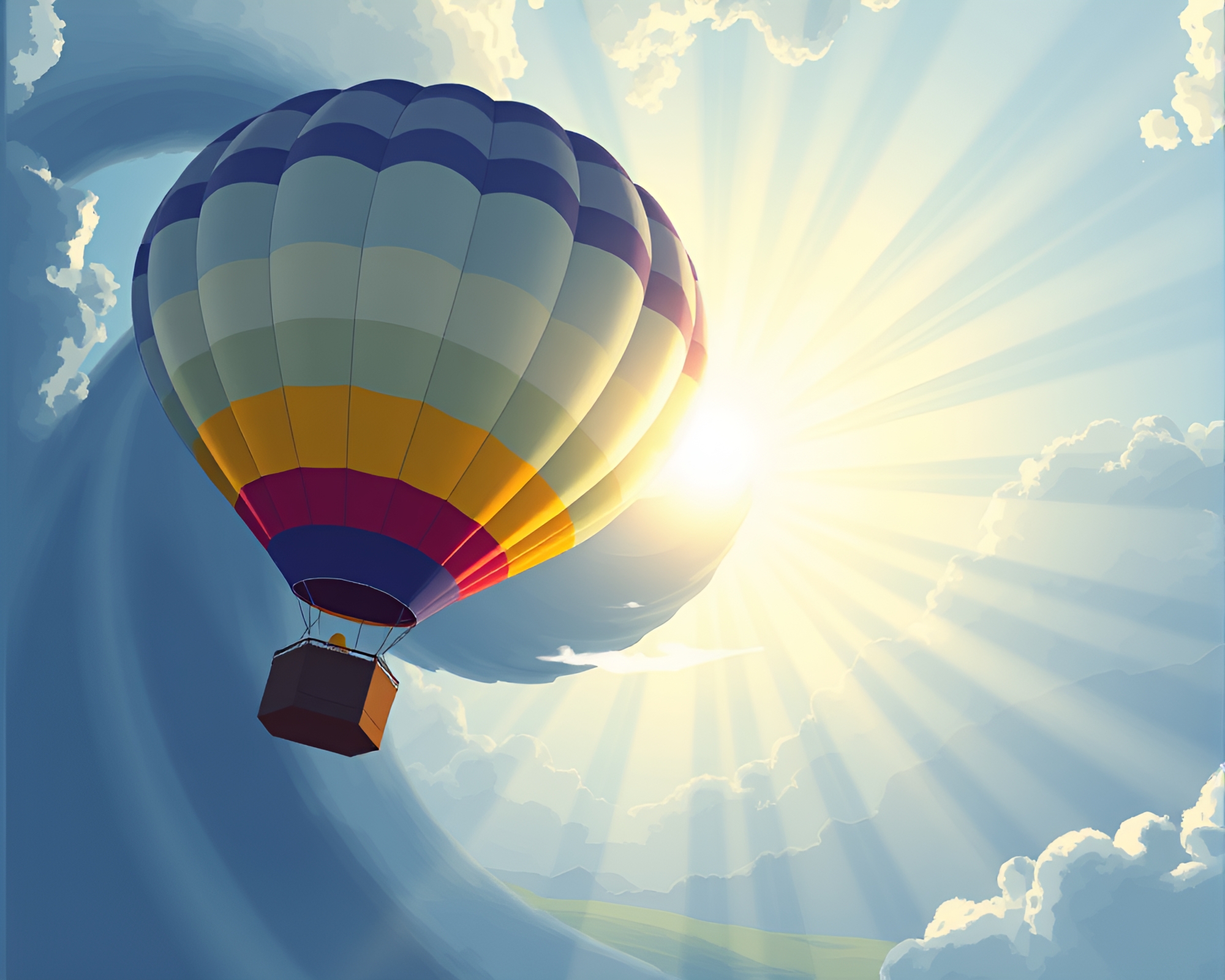 Vortex Twist Hot Air Balloon in Sunbeam Rays – free AI stock image