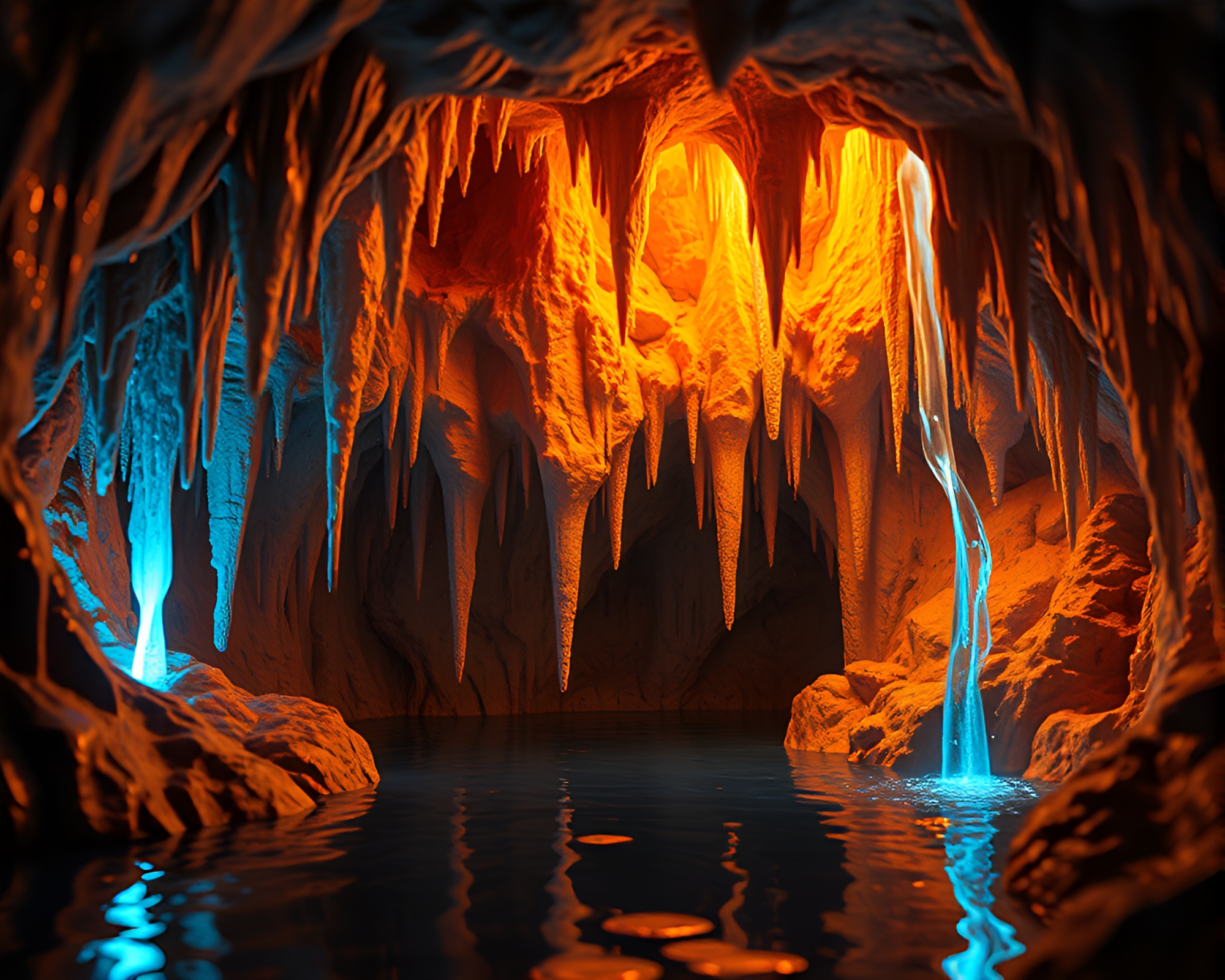 Neon Glowing Cave Stalactites Water Distortion Still – free AI stock image