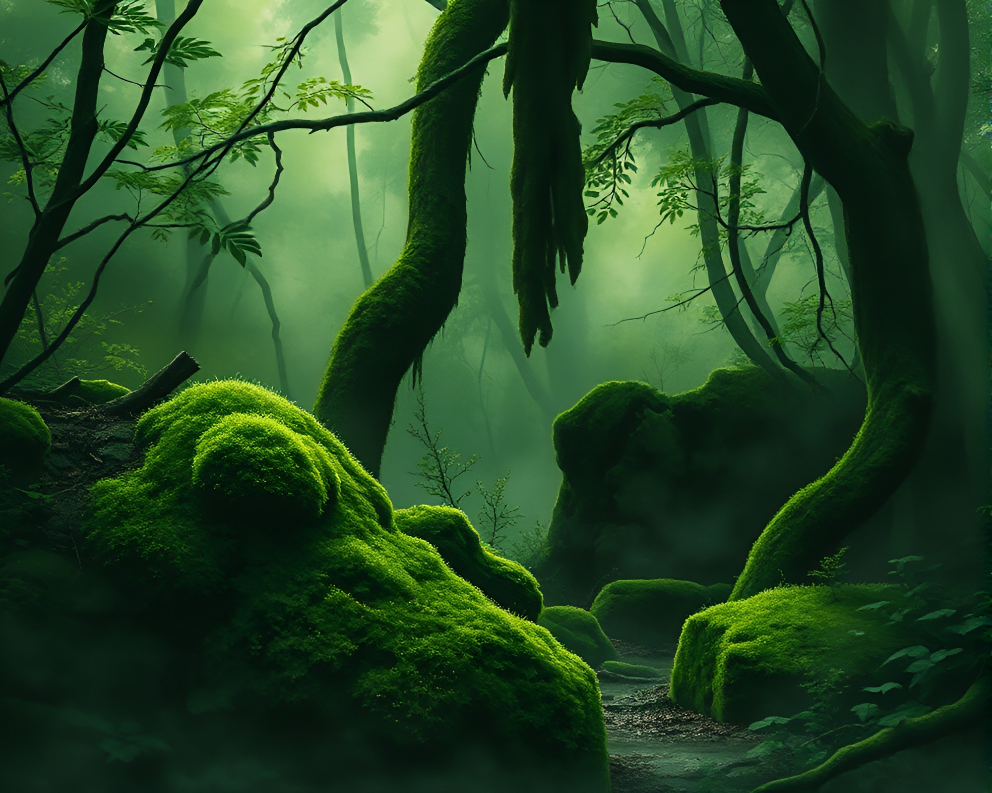 Lush Mossy Jungle under Ink Wash Shades – free AI stock image