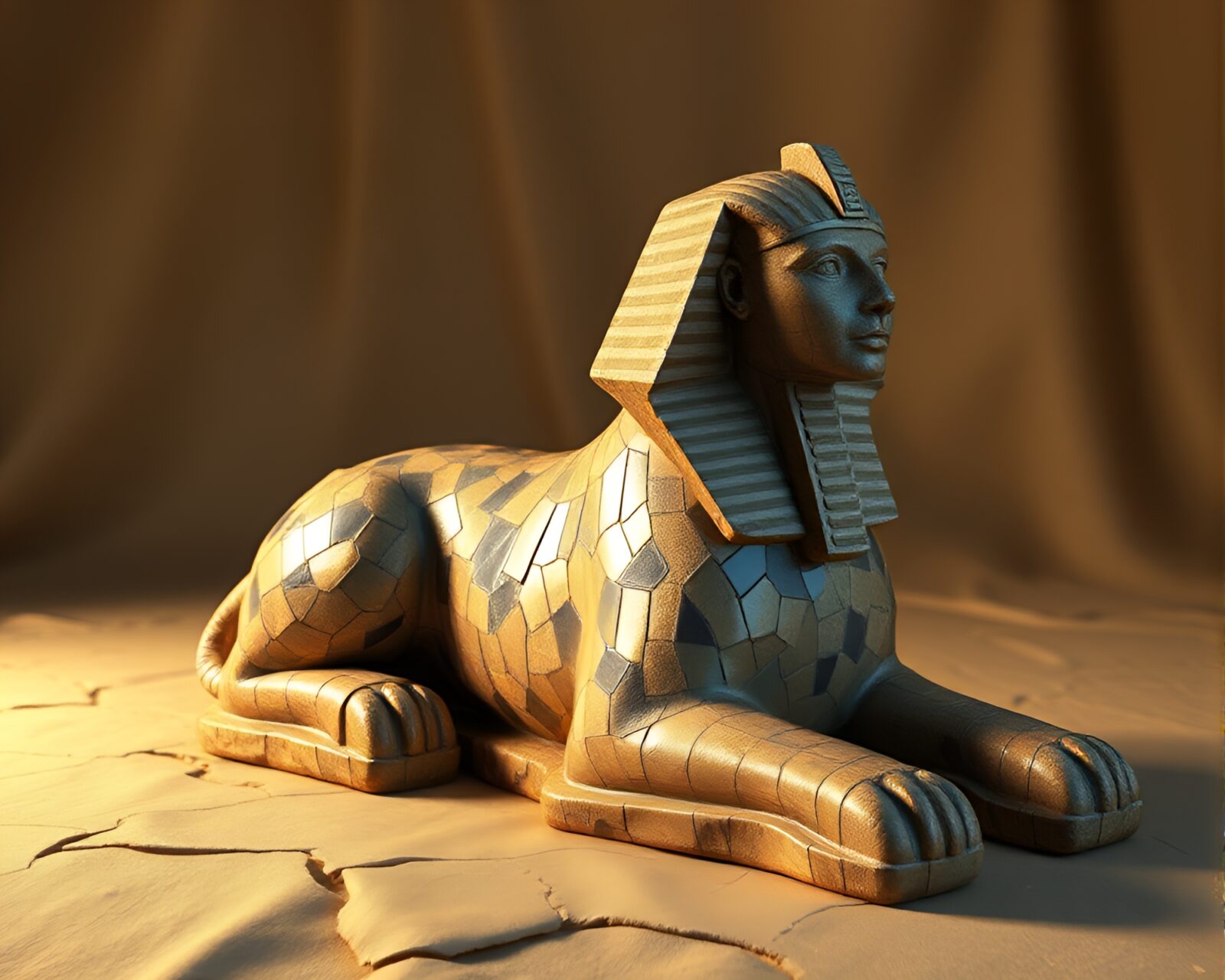 An intricate Sphinx statue with torn edges under a mosaic light effect