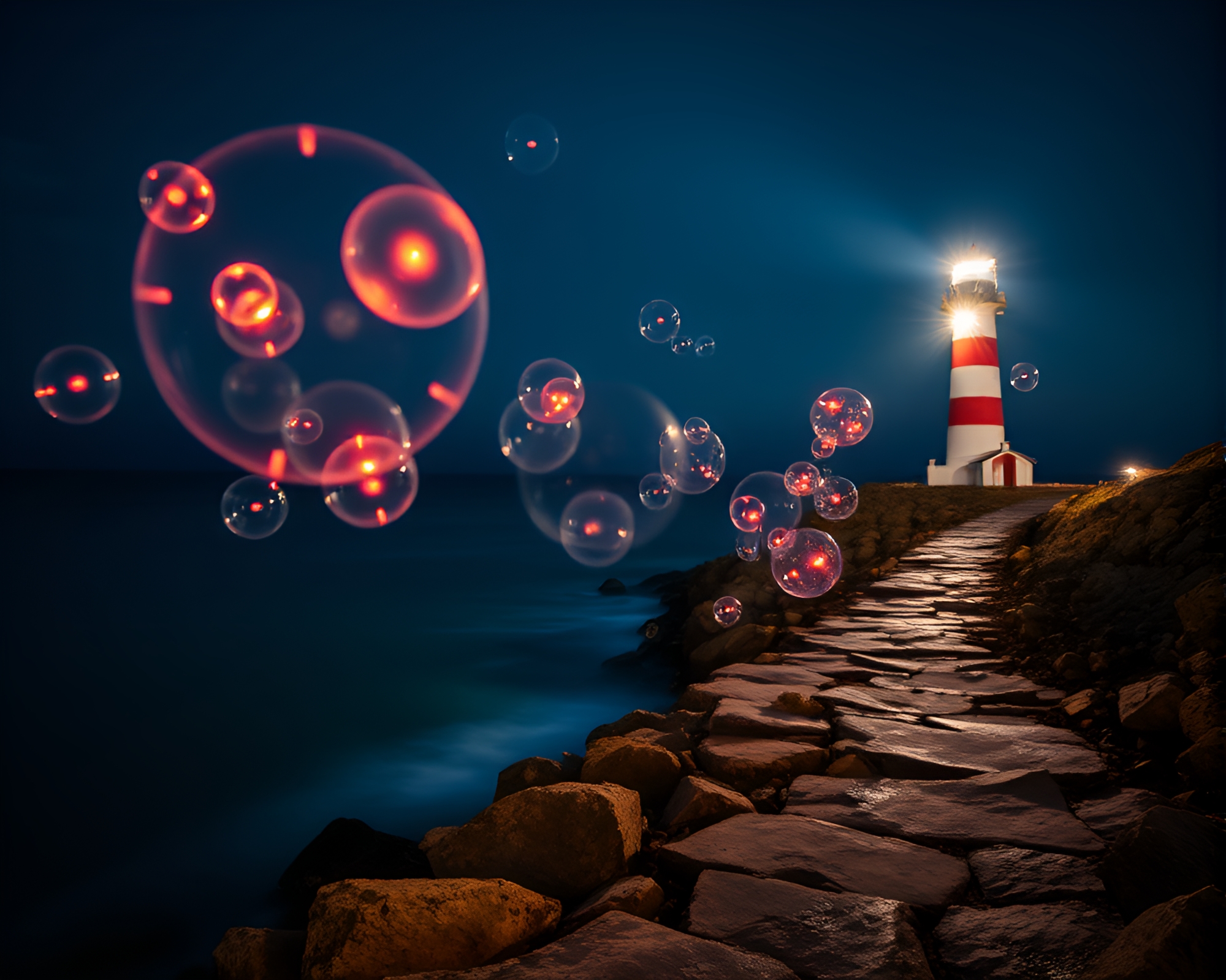 Mystical Lighthouse Surrounded by Bubble Clusters – free AI stock image