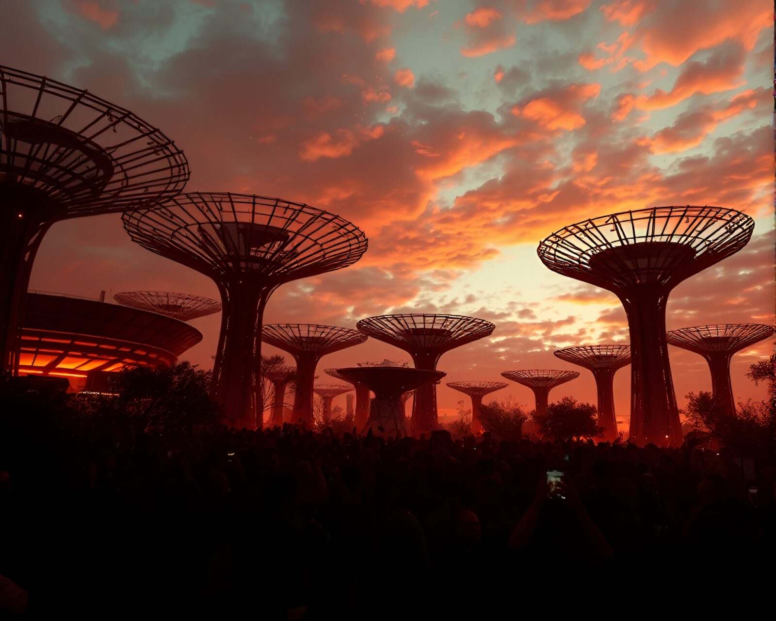 Silhouettes of a crowd in a futuristic sky garden.