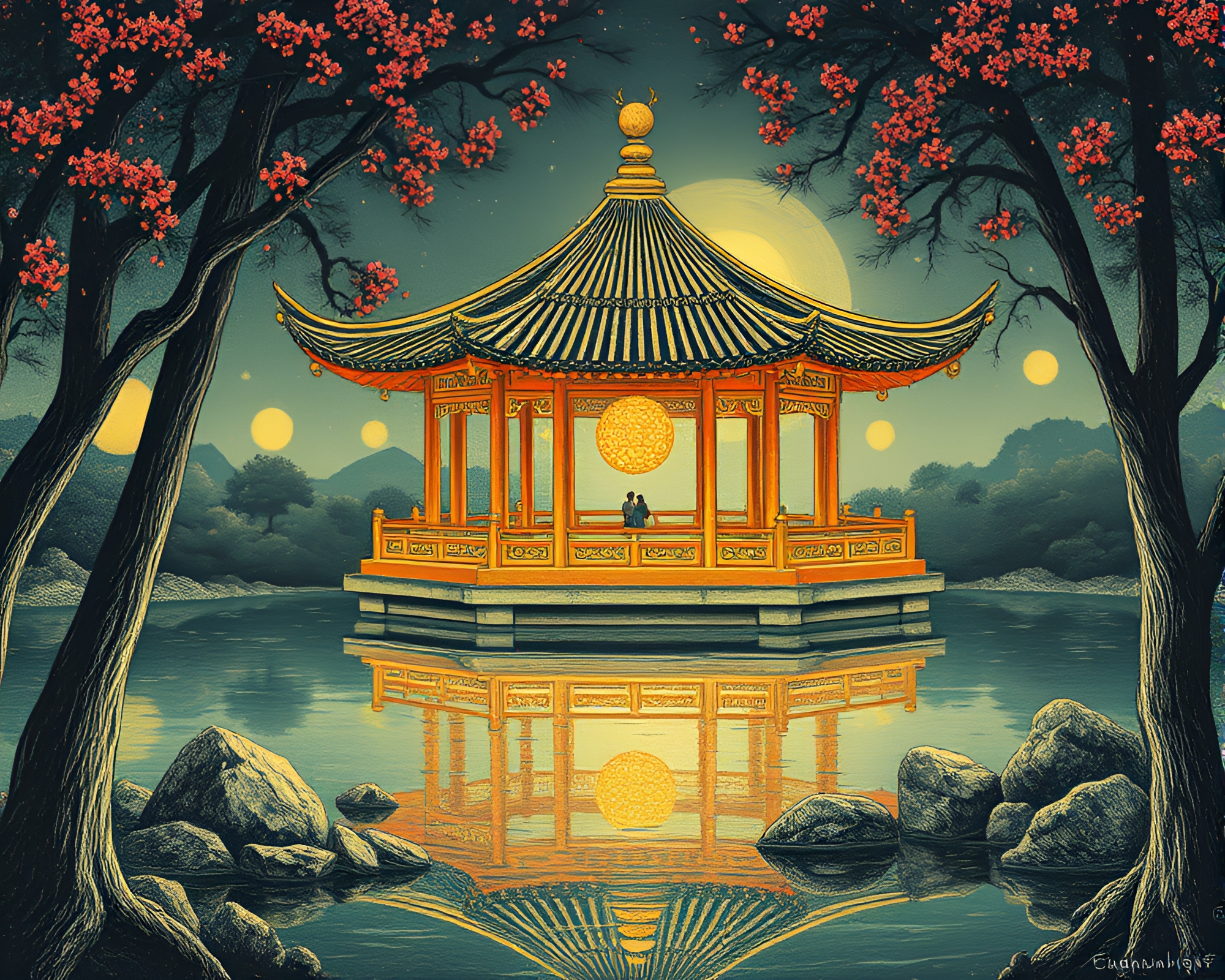Floating Pavilion in Topaz Light: Woodcut Print Concept – free AI stock image