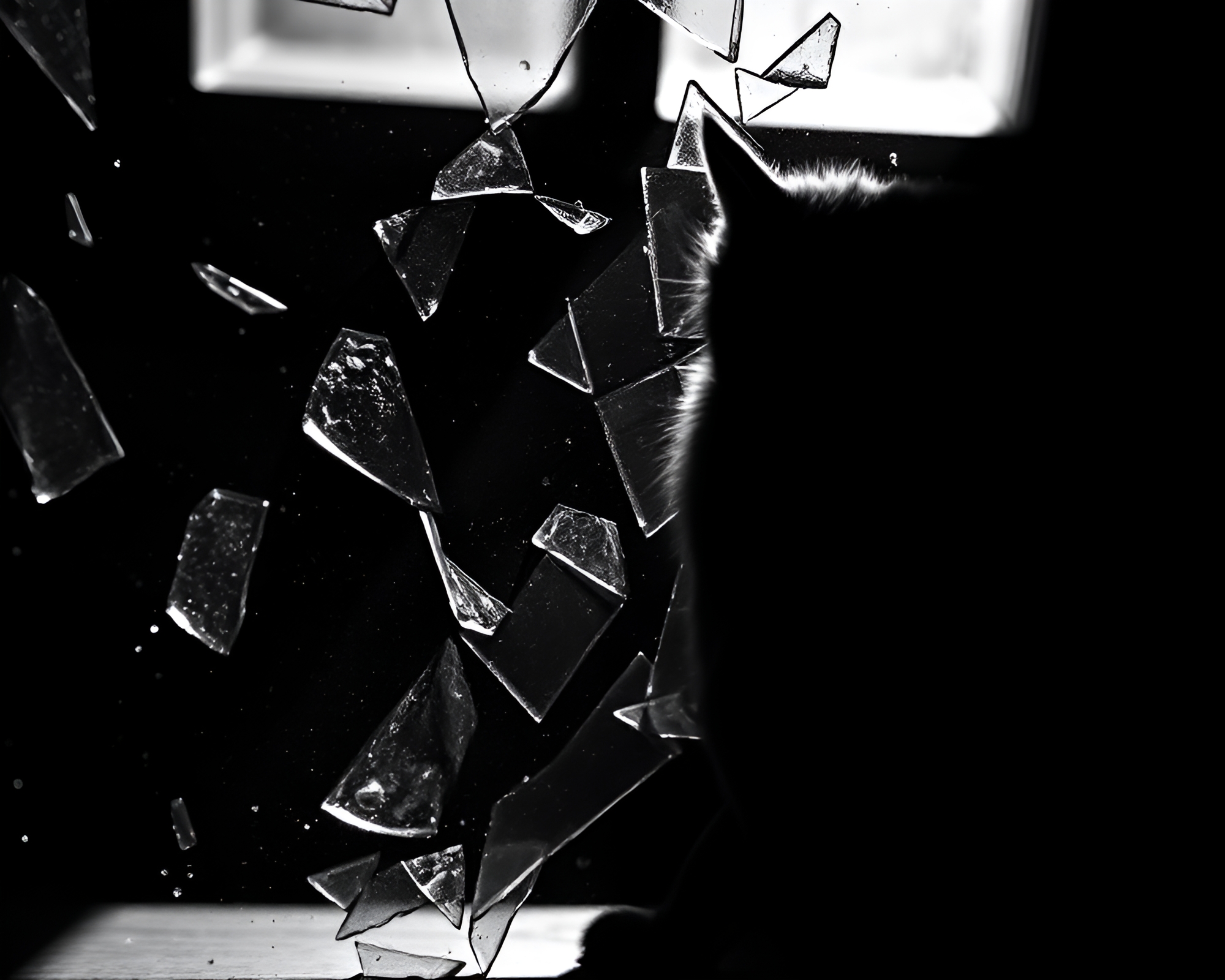 Monochrome Schrodinger’s Cat Attic Shadow Glass Shards Composition – free AI stock image