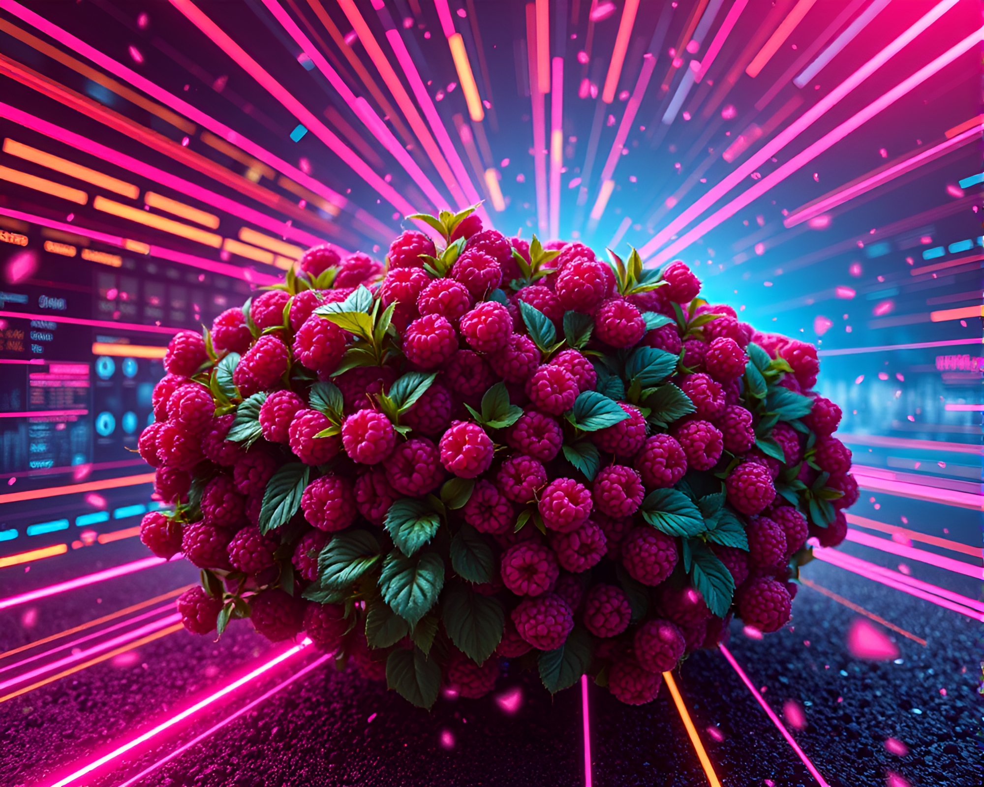 Futuristic Raspberry Bush with Confetti Color Burst – free AI stock image