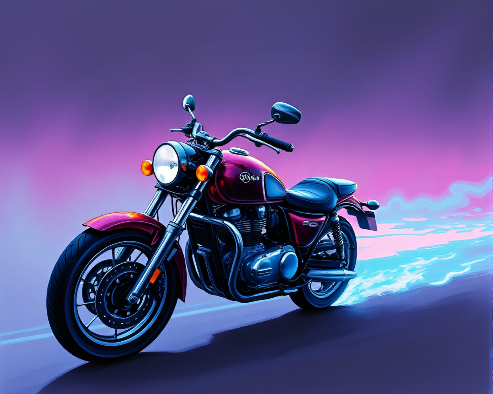 Tempera painting of neon motorcycle in pastel surroundings