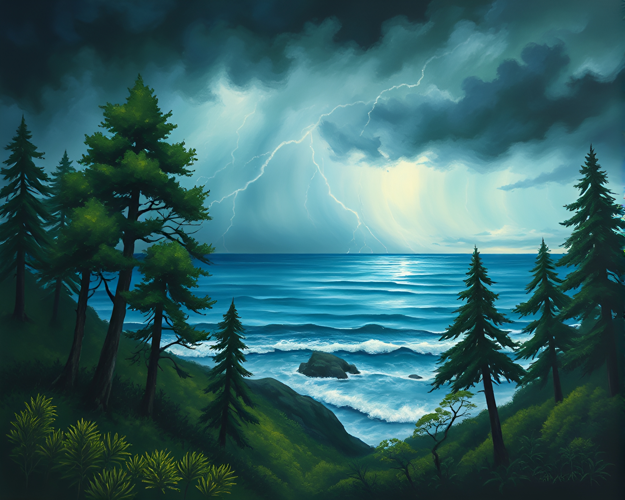 Enchanted Thunderstorm: Gouache Ocean Portrait – free AI stock image