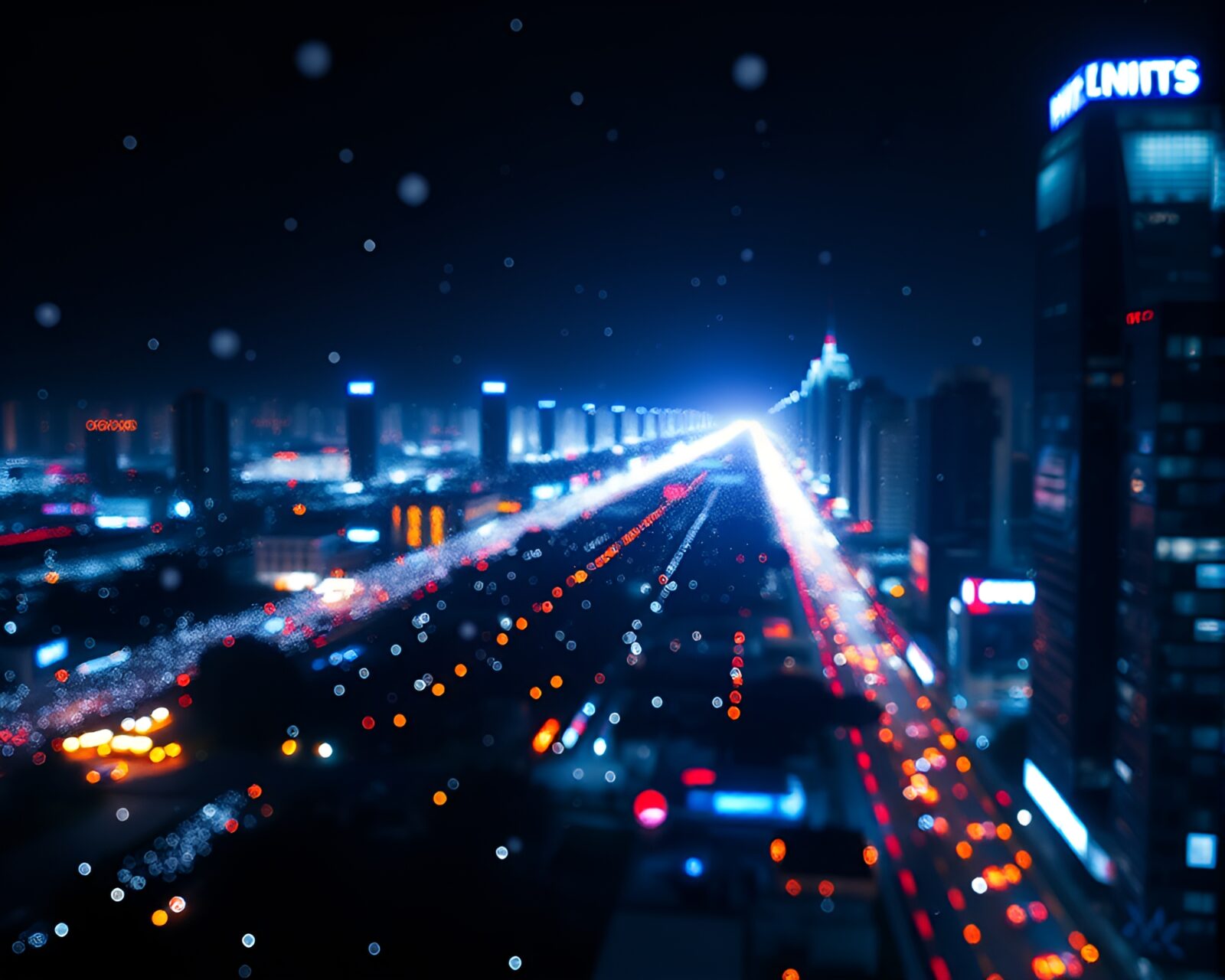 Procedurally generated cityscape with nanobots swarming under vibrant neon lights