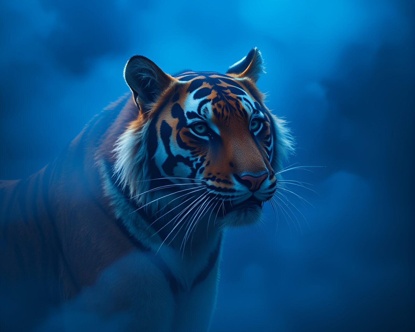 Tiger roaming mystical blue and foggy woodland scene