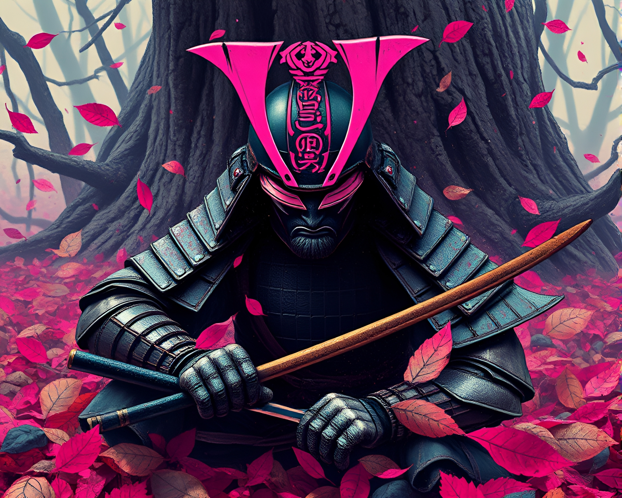 Samurai Warrior Amidst Surreal Magenta Leaf Litter – free AI stock image