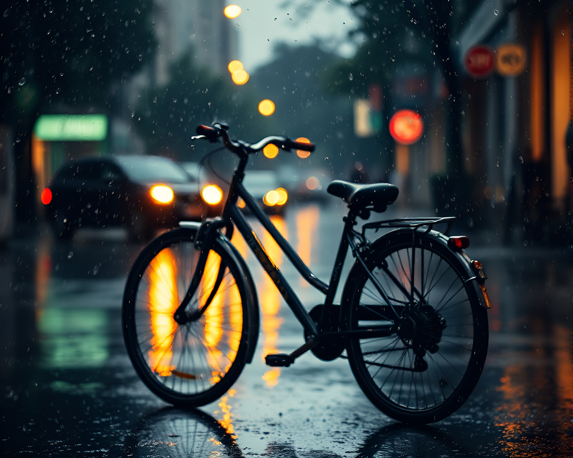 Ethereal Rainy Bicycle Ride through Dust Particles – free AI stock image