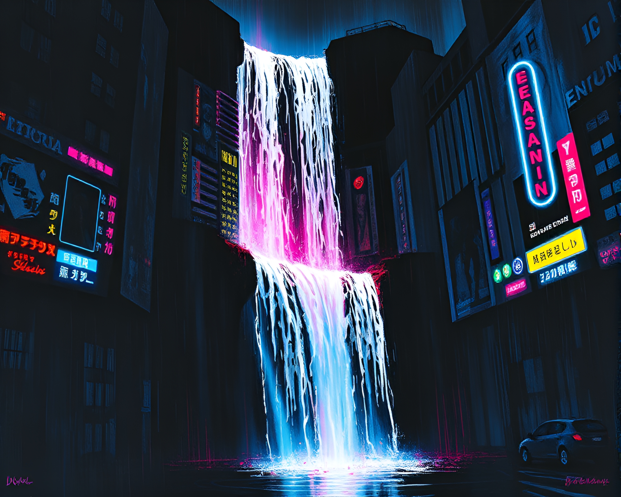 Neon Waterfall City in Etched Shadows – free AI stock image