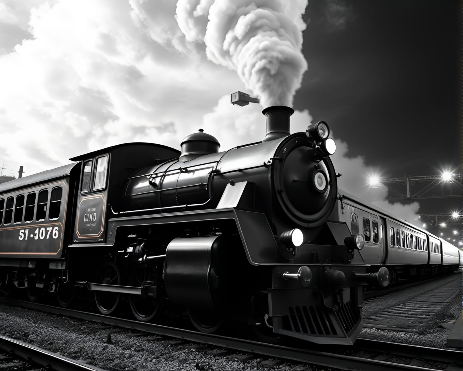 Vibrant black and white image of a steam locomotive