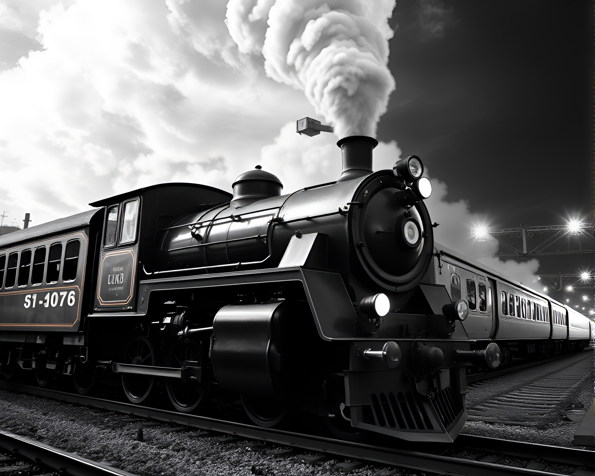 Steam locomotive in hyper-saturated monochrome brilliance – free AI stock image