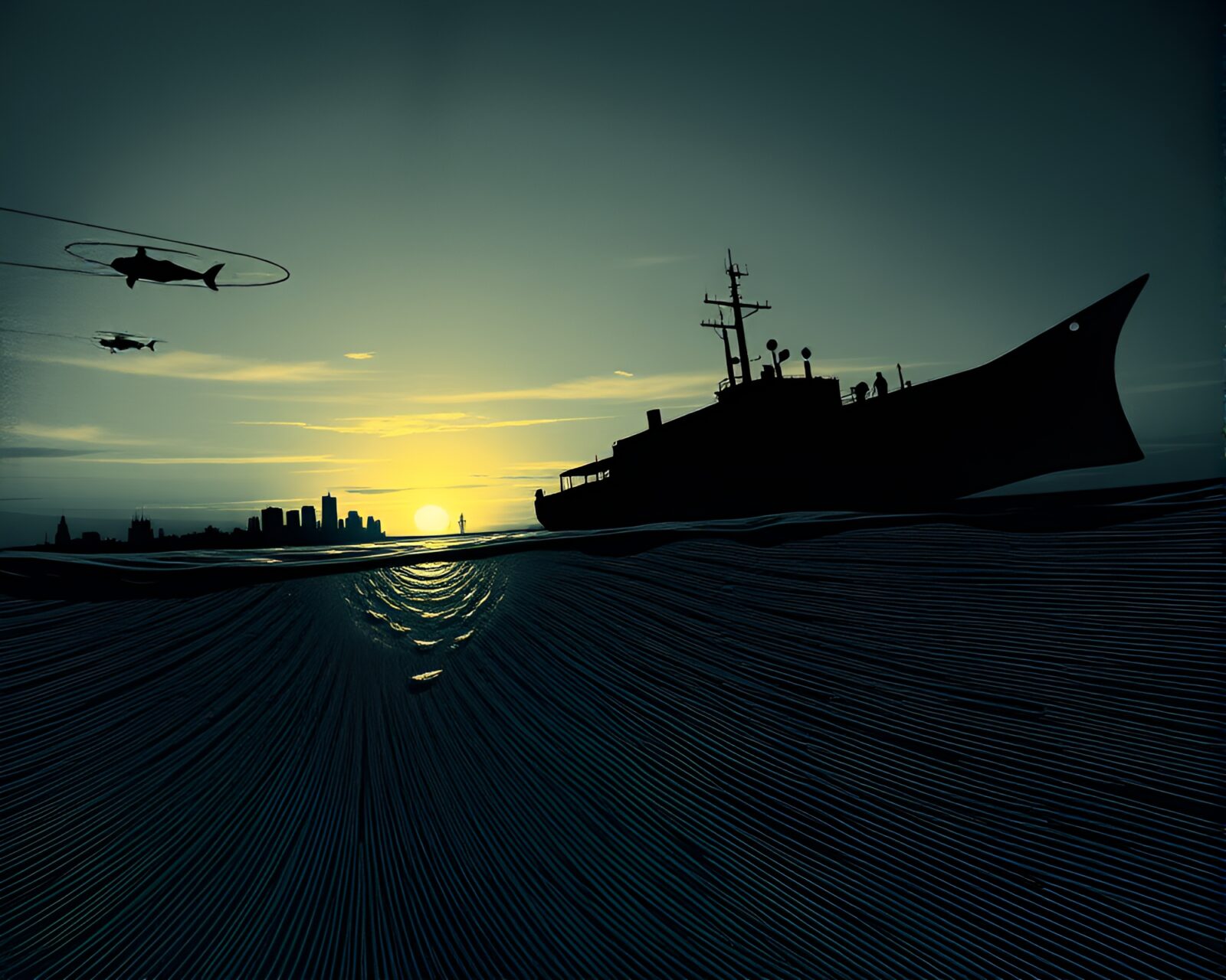Dark silhouette of a submarine underwater with sunset