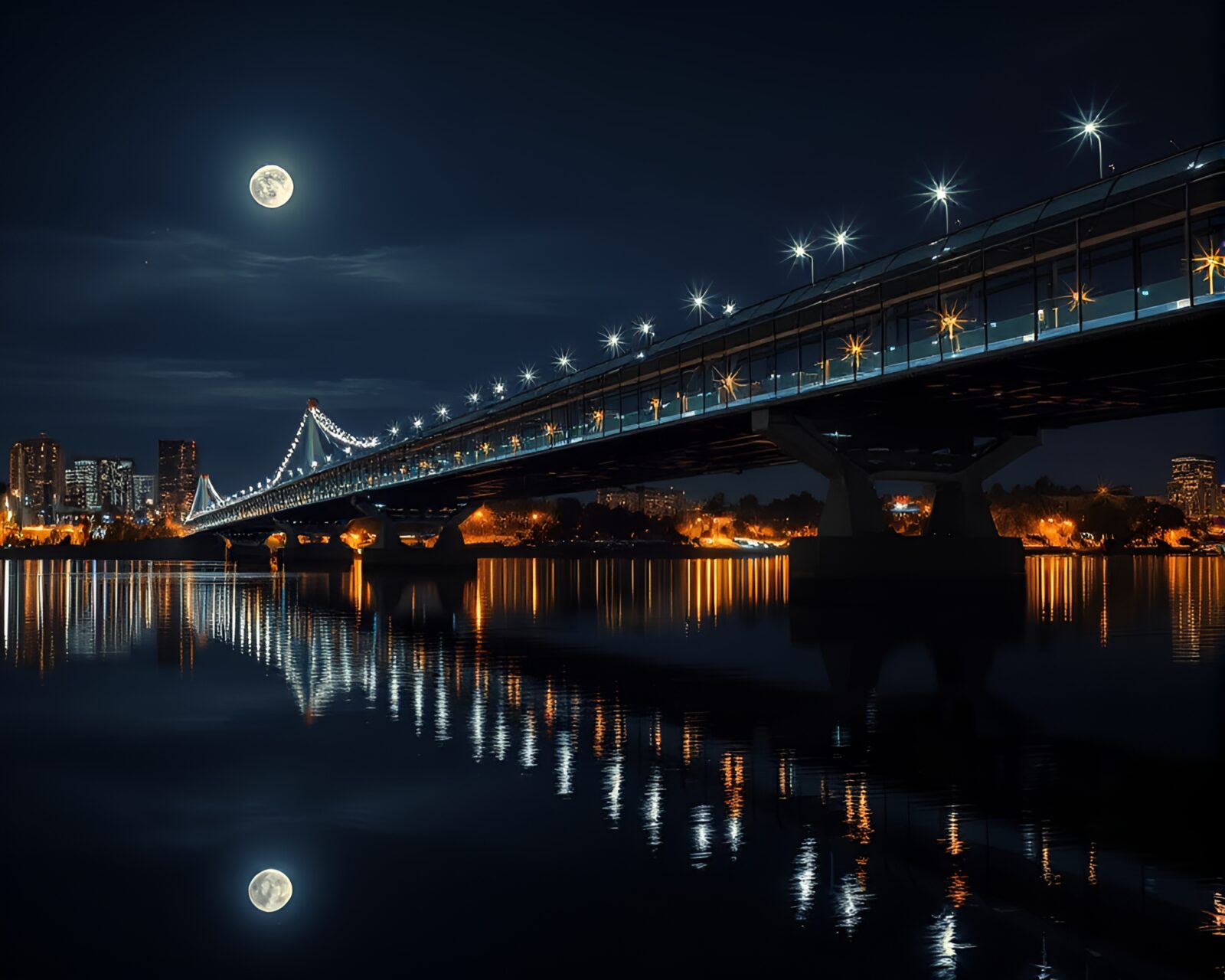 Surreal image of glass bridge reflecting digital glitch moonlight