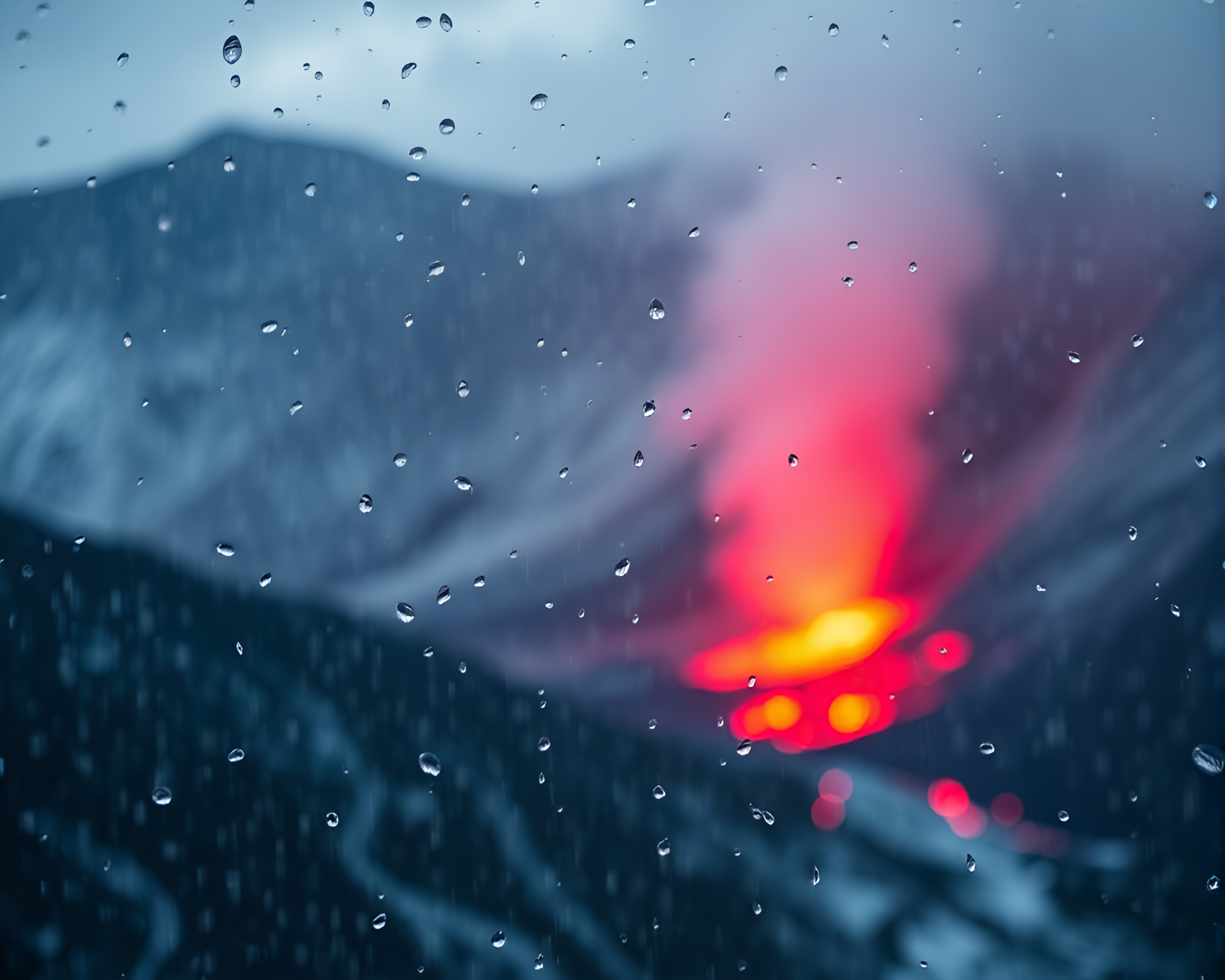 Winter Wonderland with Volcano-Red Glow Rain Droplets – free AI stock image