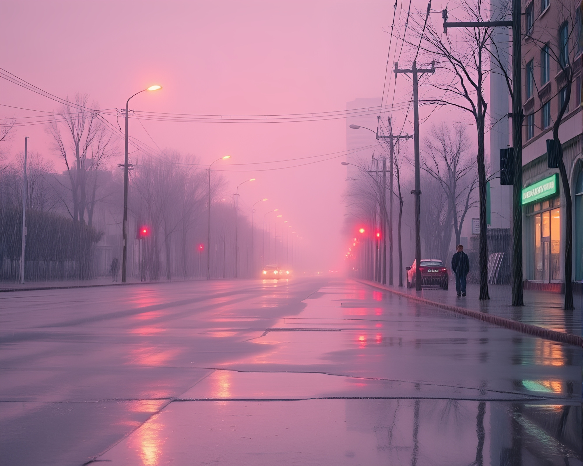 Blush Pink Morse Code Light Painting on Wet Pavement – free AI stock image