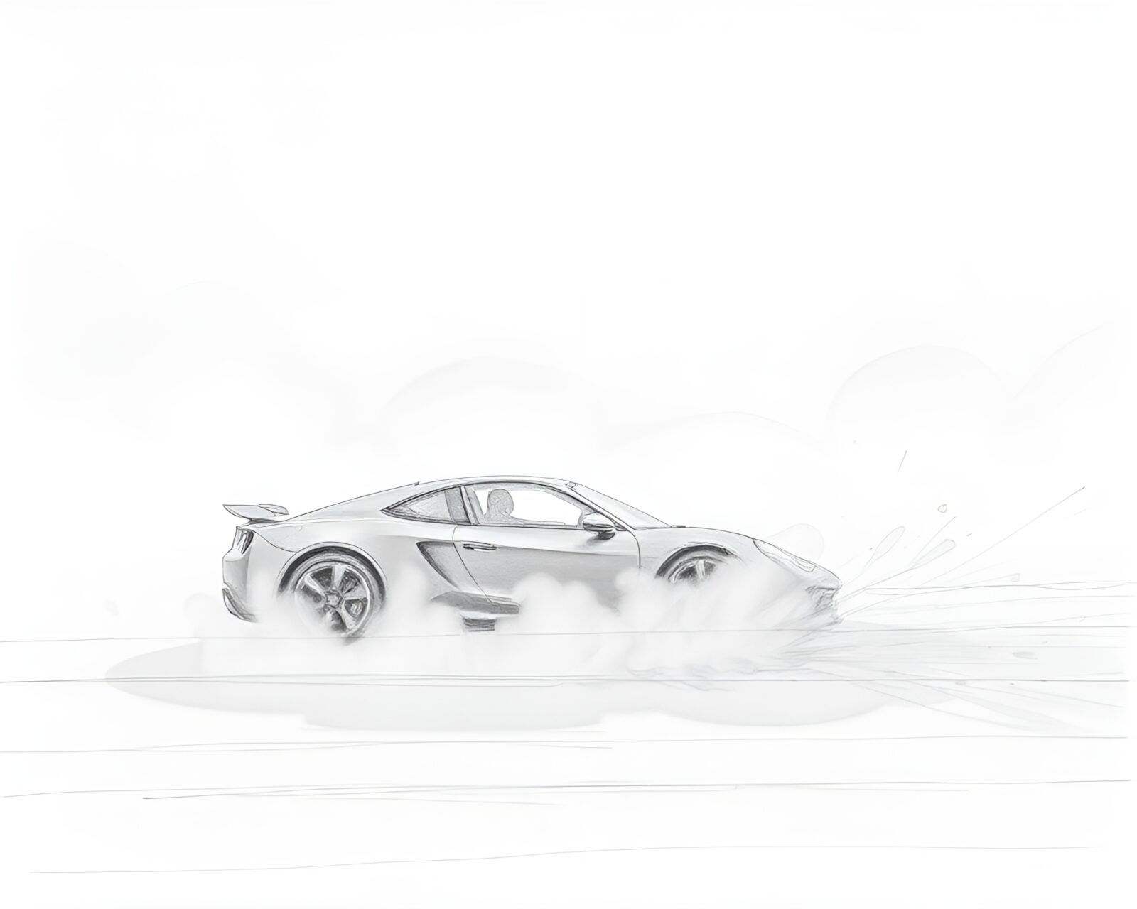 Pencil sketch of futuristic car surrounded by misty sunrays