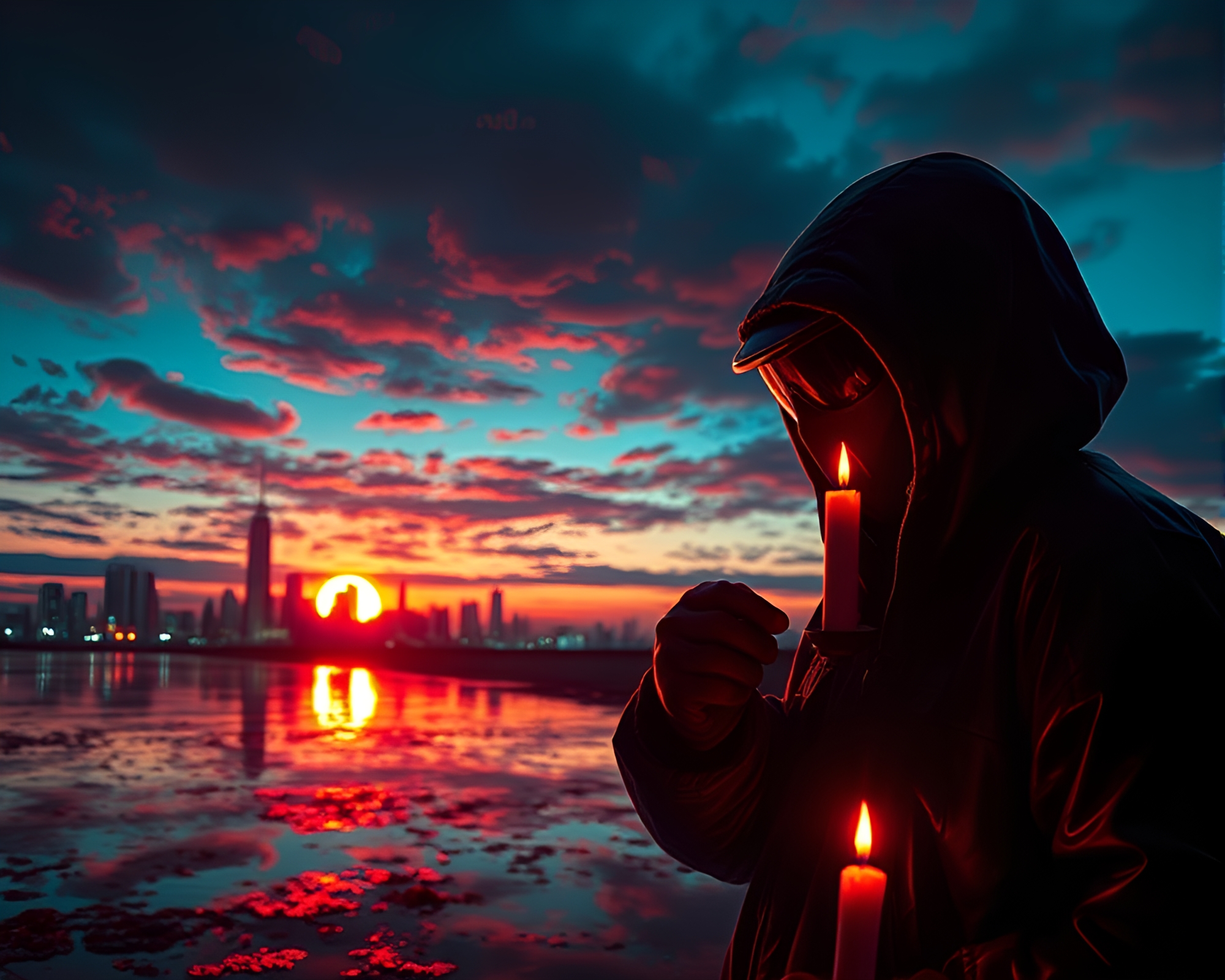Cyberpunk vigilante reflecting in candlelit sunset – free AI stock image