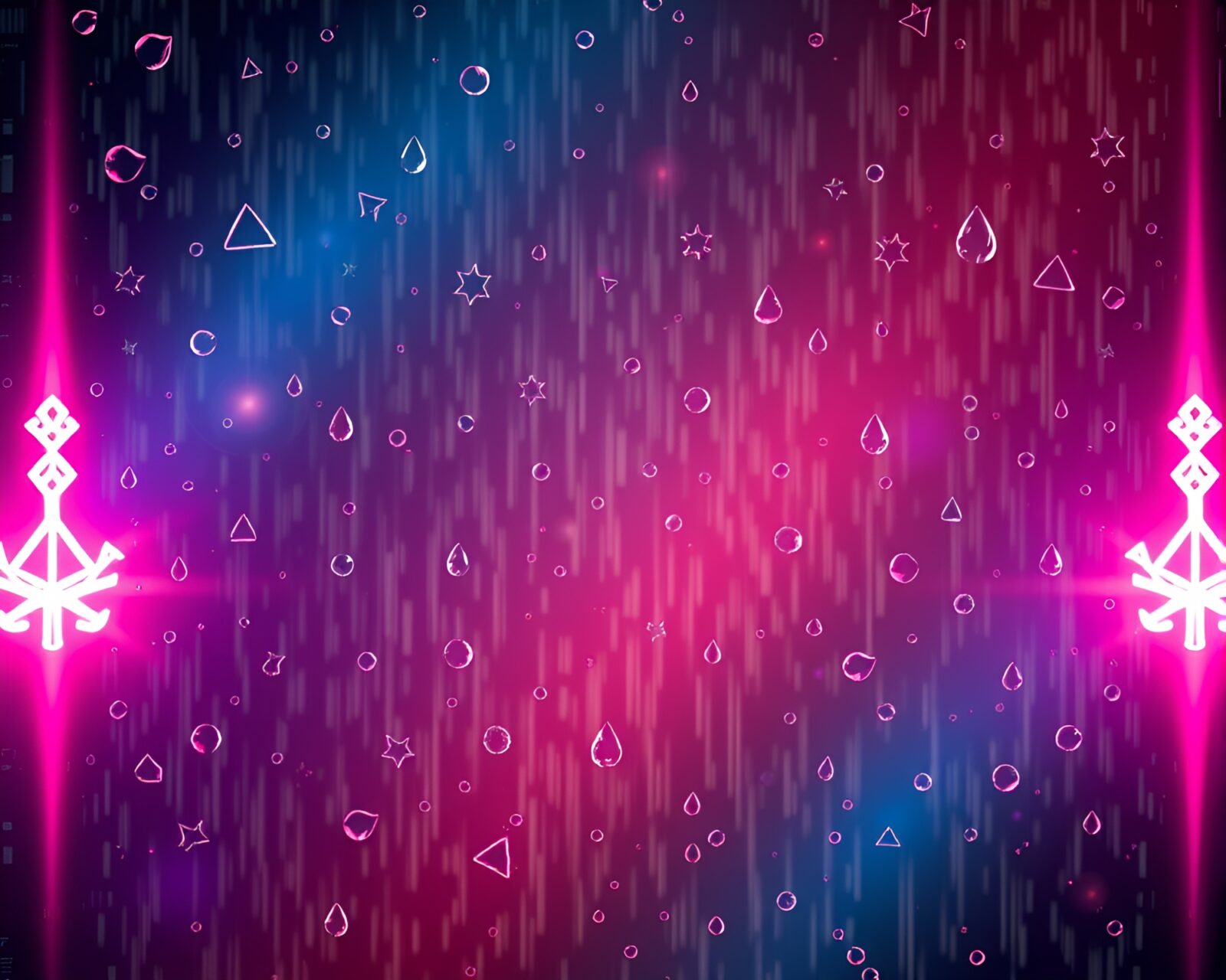 Vibrant neon symbols glisten in raindrop-lit spotlight composition