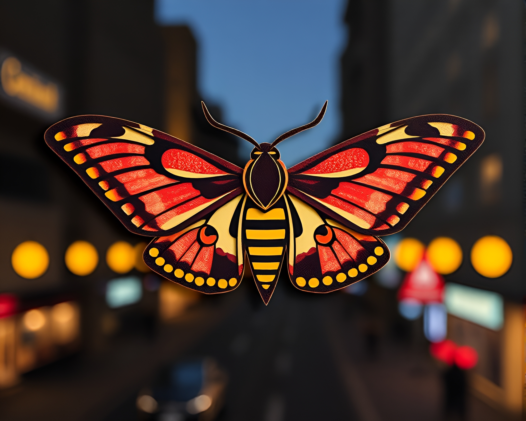 Urban moth in paper cutout cityscape – free AI stock image