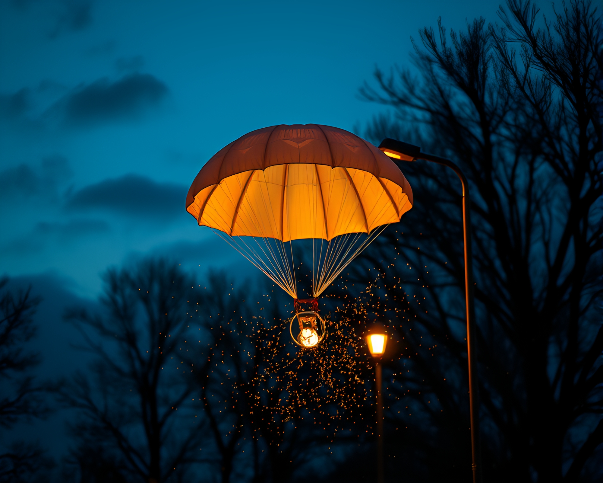 Thrilling Parachute Jump at Night with Streetlamp Glow – free AI stock image